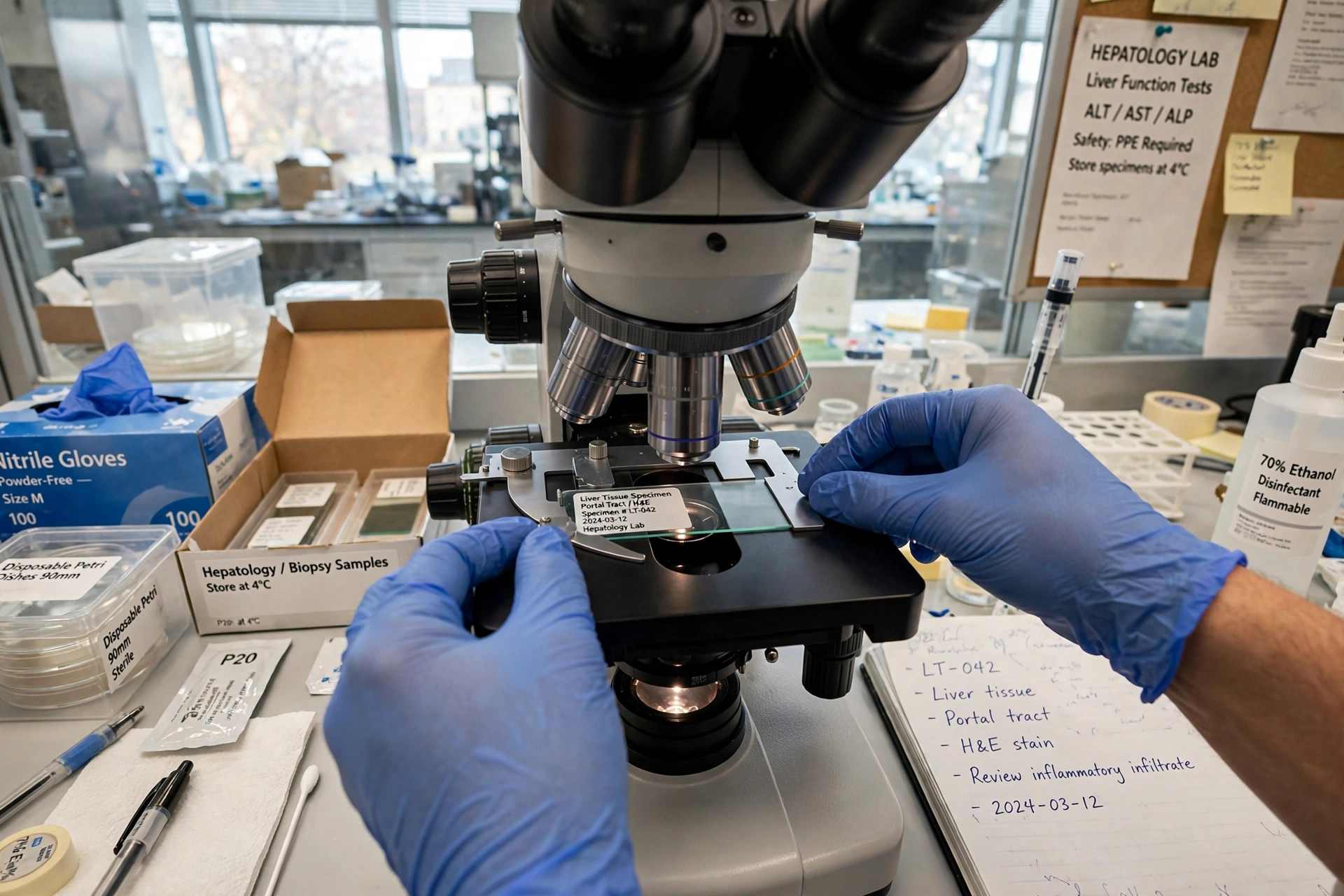 A researcher's gloved hands placing a liver tissue specimen slide under a microscope in a bright hepatology lab (illustrative image)