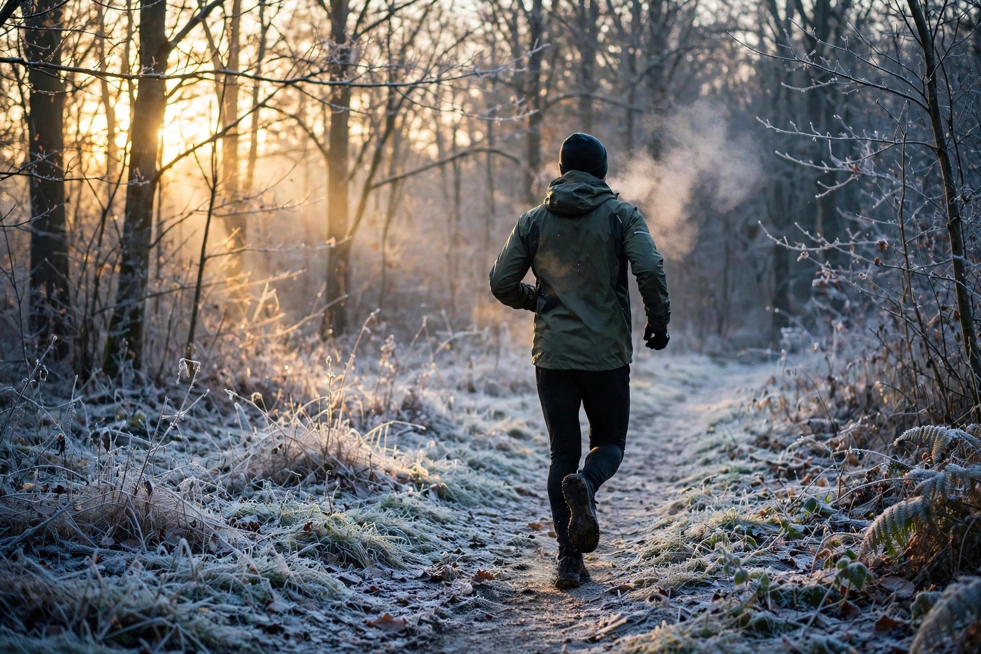 Runner on a frosty forest trail at dawn, breath visible in the cold air (illustrative photo)