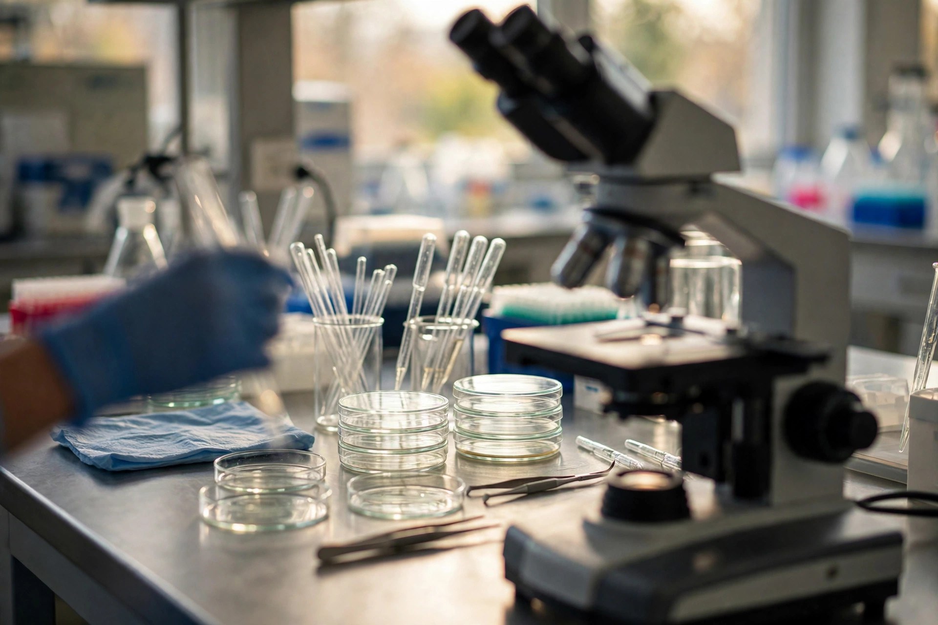 Microscope and petri dishes on a fertility research laboratory bench (illustrative photo)