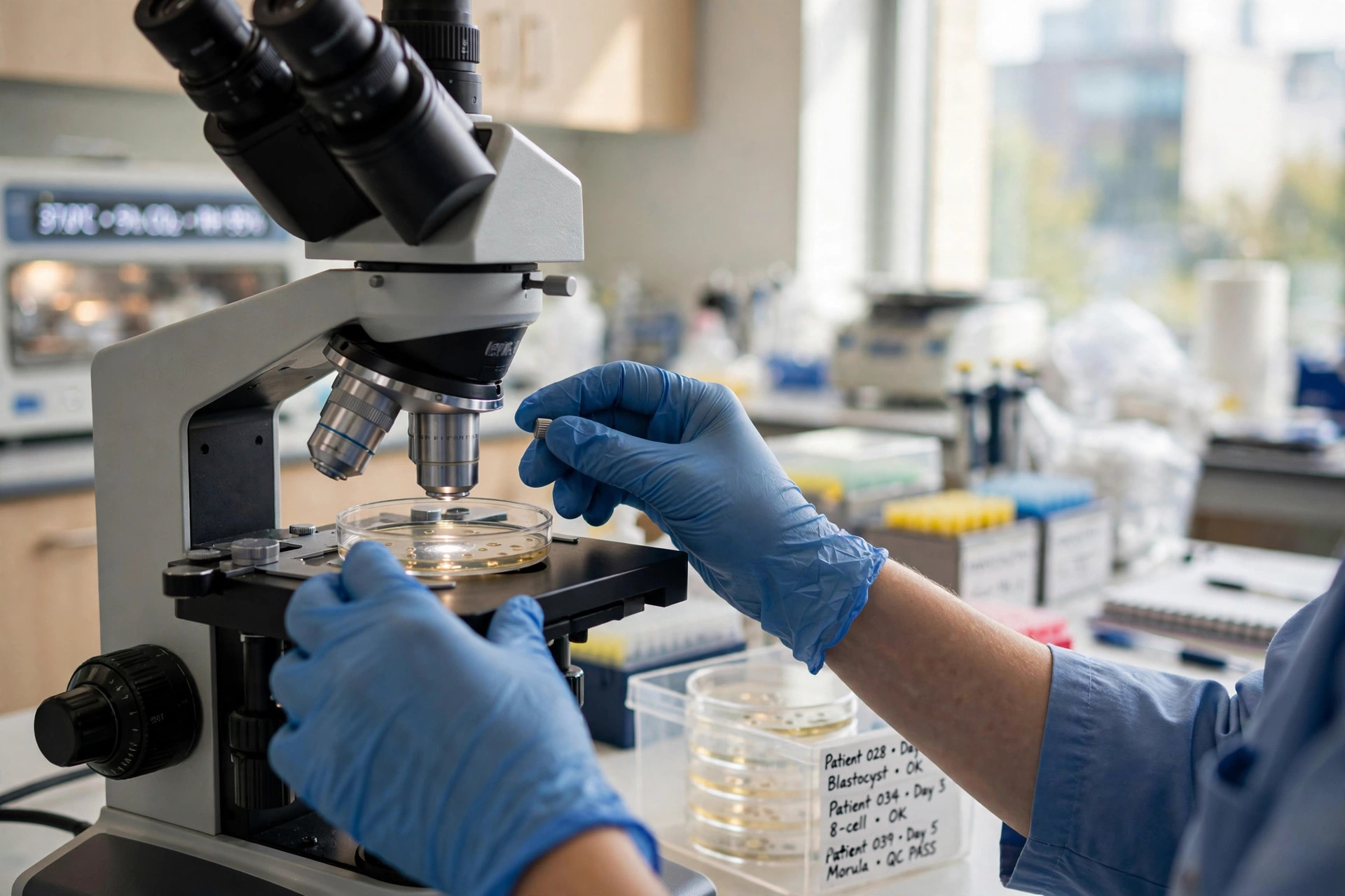 An embryologist's gloved hands working at a microscope in a fertility laboratory (illustrative image)