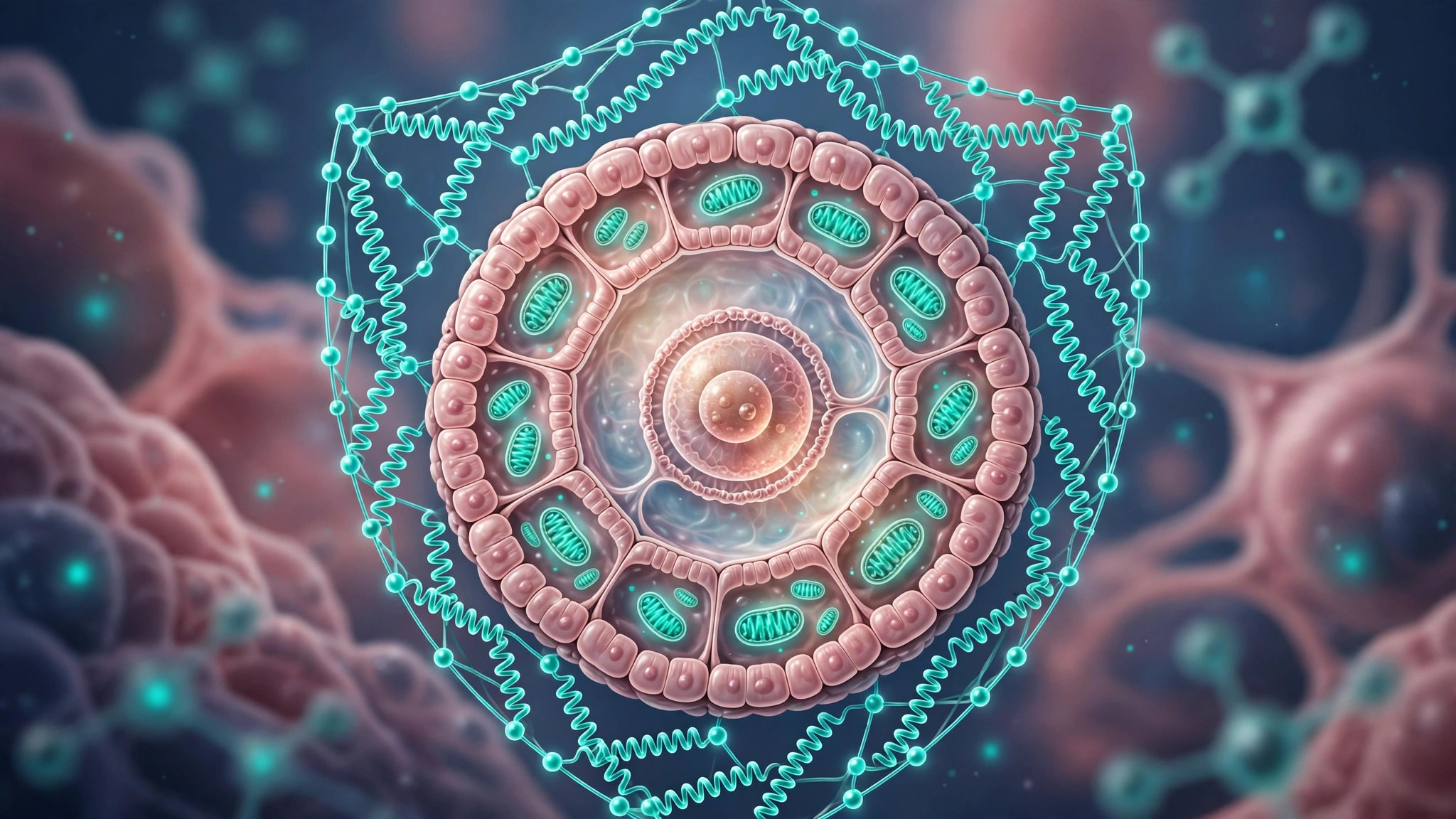 Editorial illustration of peptide molecules forming a protective shield around an ovarian follicle with healthy mitochondria