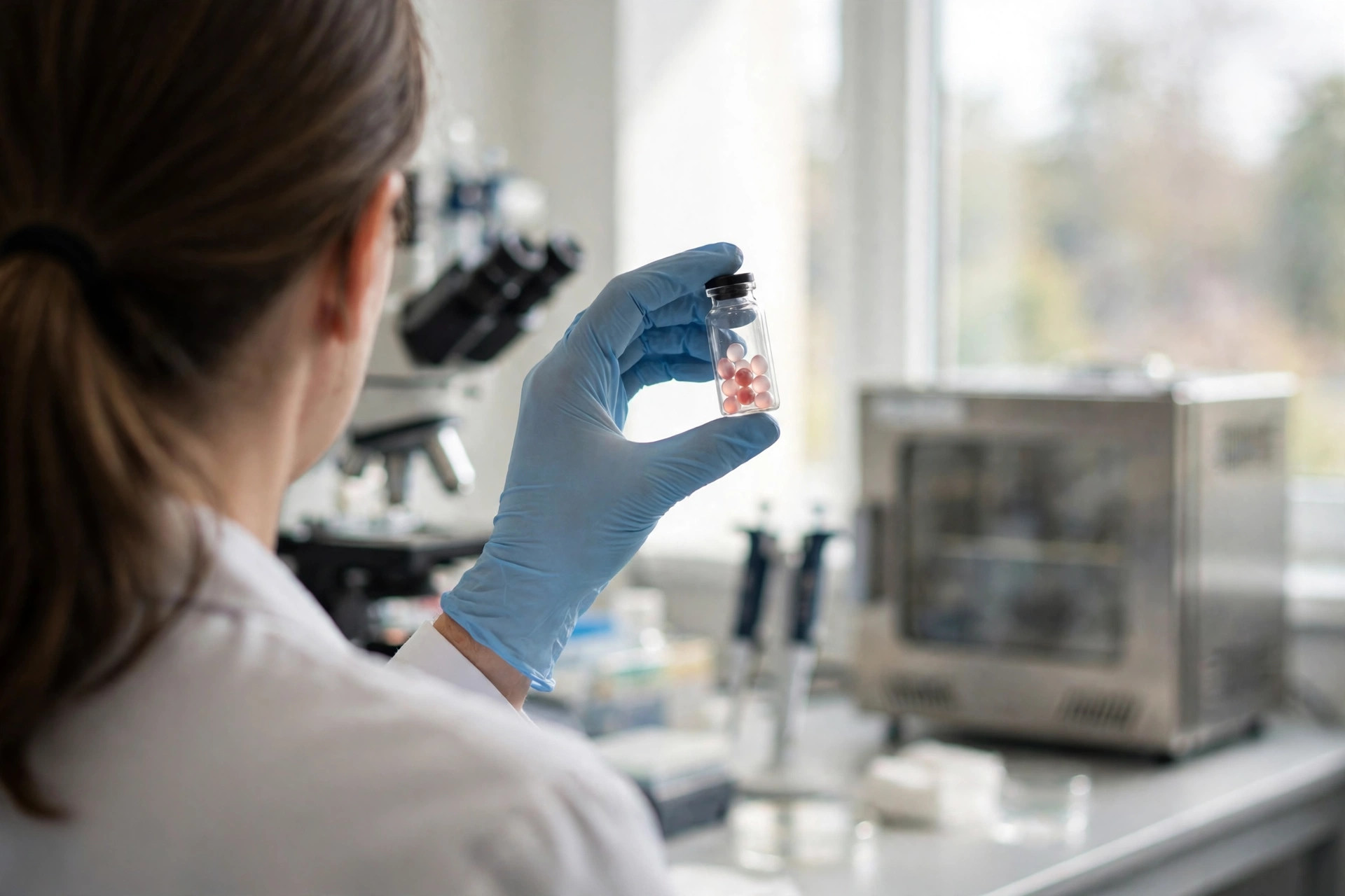 A researcher in a bright laboratory holding a small vial of pale pink membrane capsules up to the light, microscope and incubator softly out of focus behind (illustrative image)