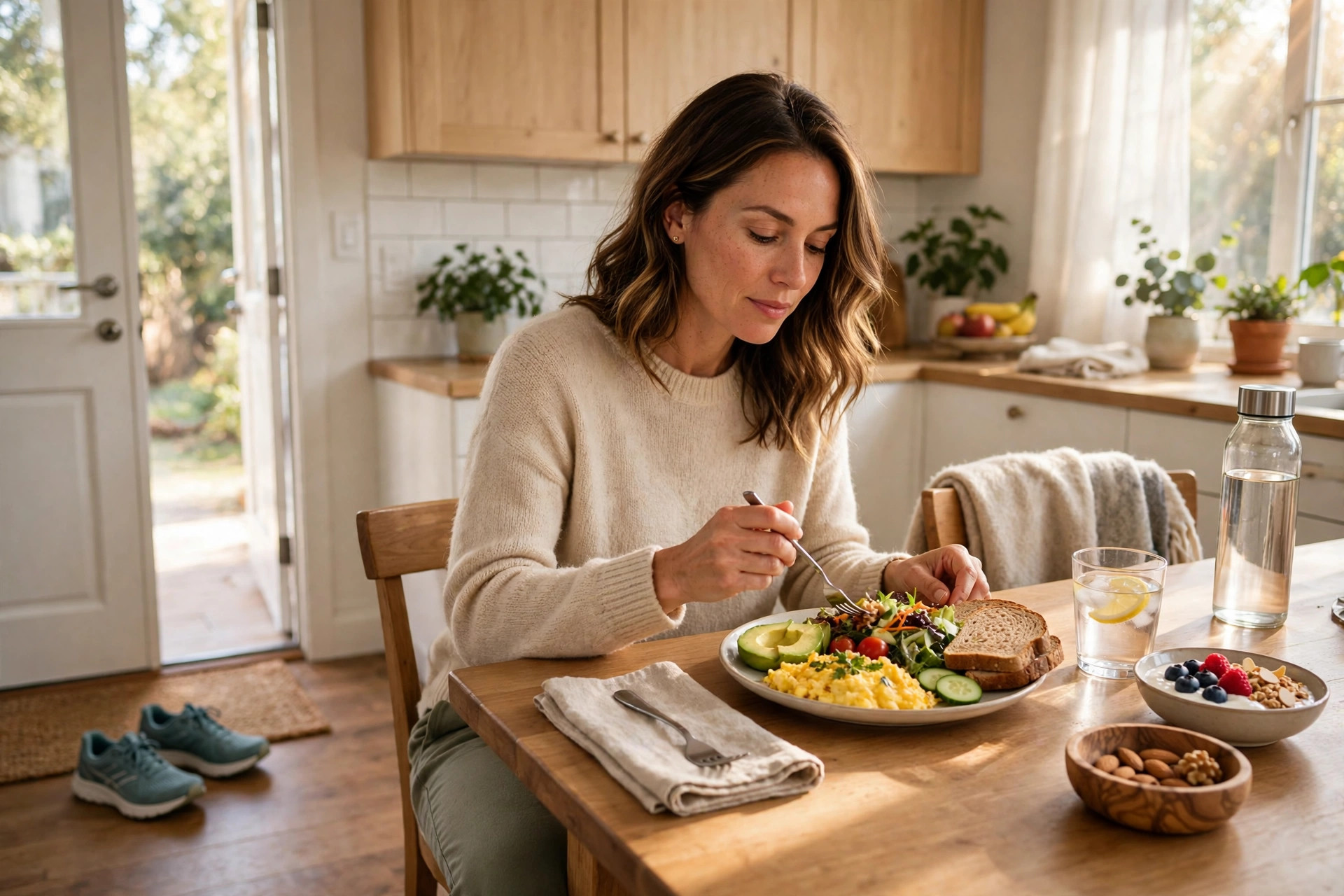 A person at a bright kitchen table with a balanced meal, walking shoes by the door and morning sunlight through a window suggesting sleep, exercise and diet (illustrative image)