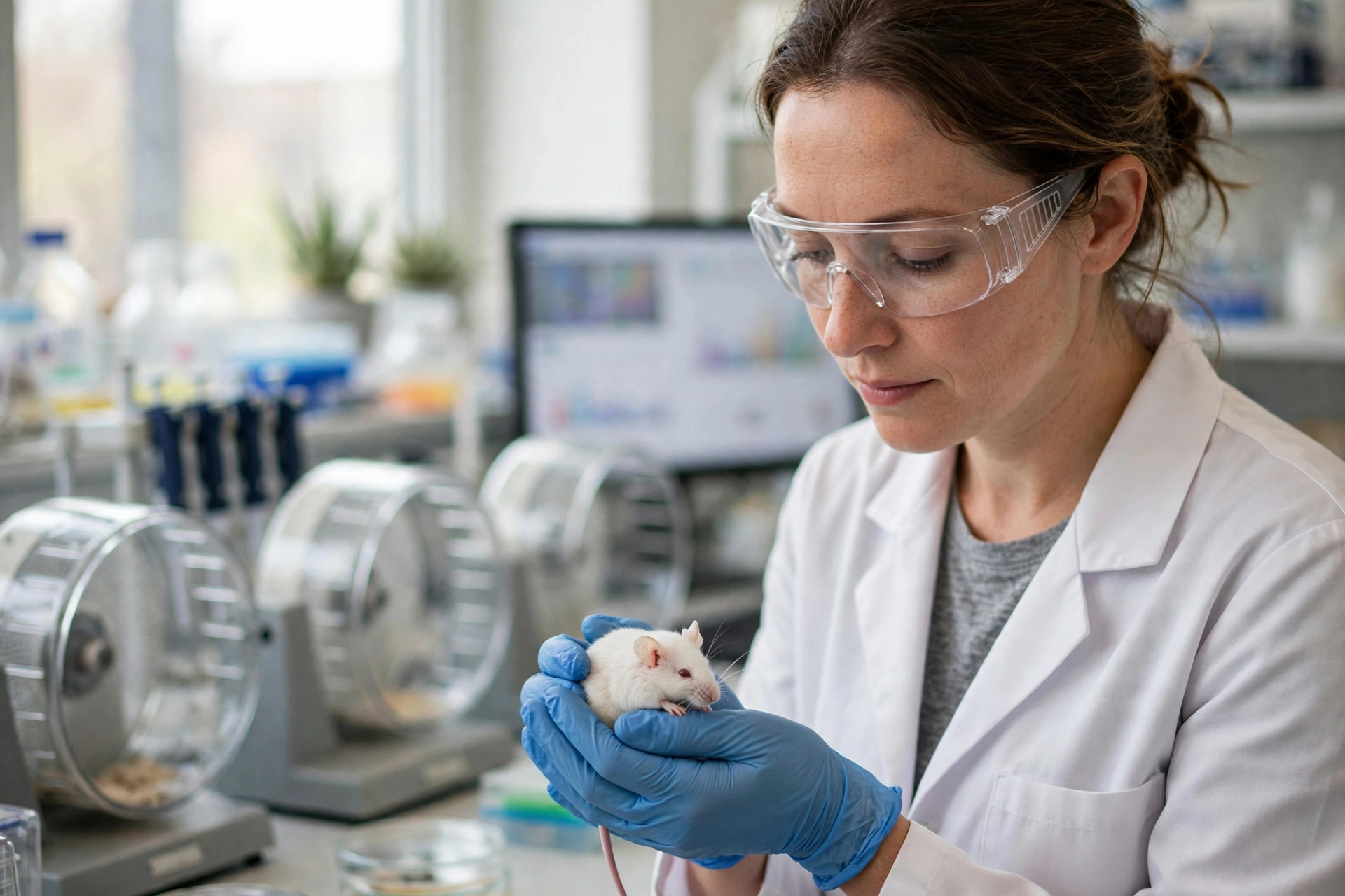 A longevity researcher in a bright laboratory gently holding a healthy very old white laboratory mouse in gloved hands, activity monitoring equipment softly out of focus behind (illustrative image)