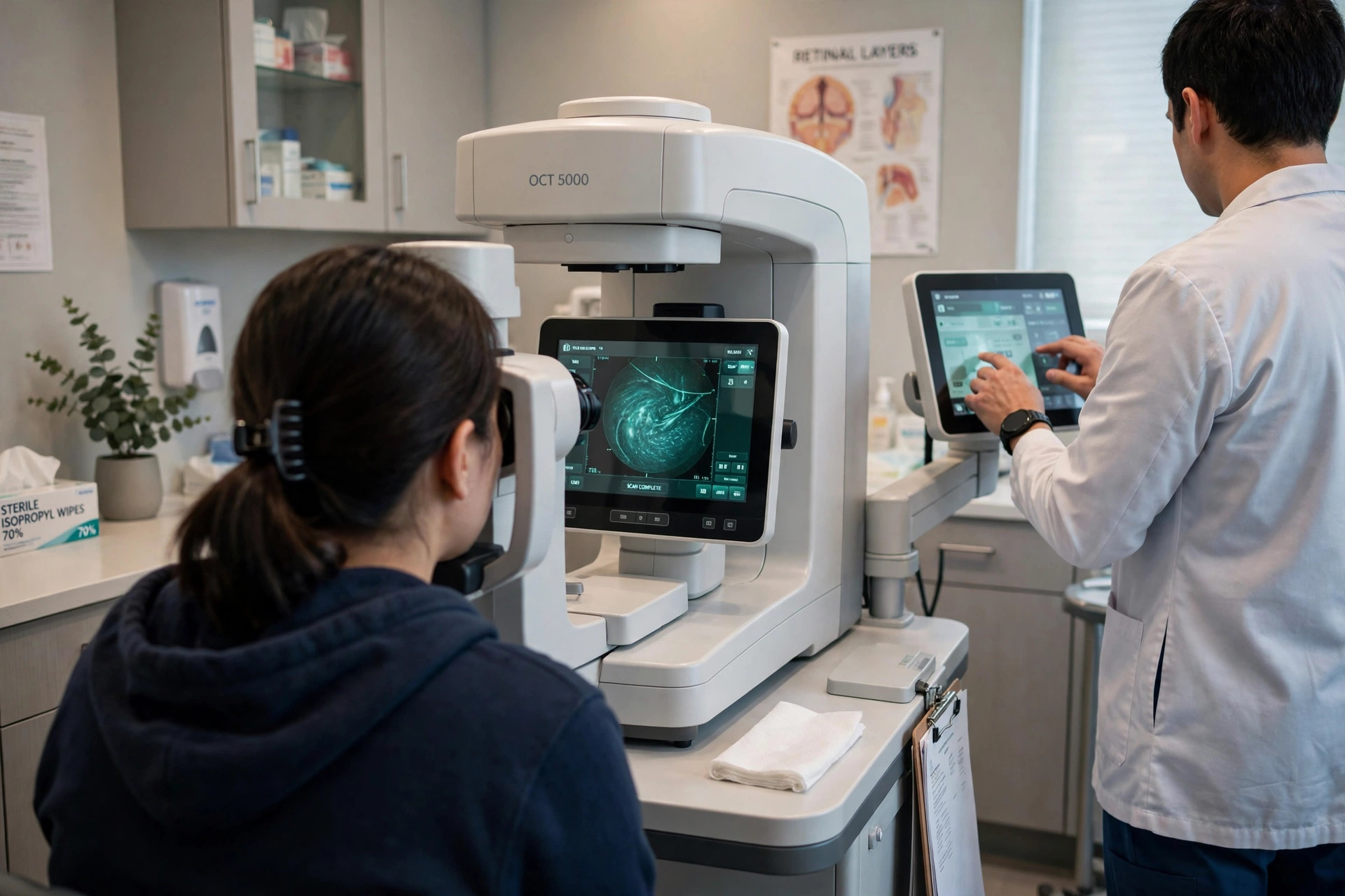 A patient at a retinal imaging machine in a modern eye clinic (illustrative image)