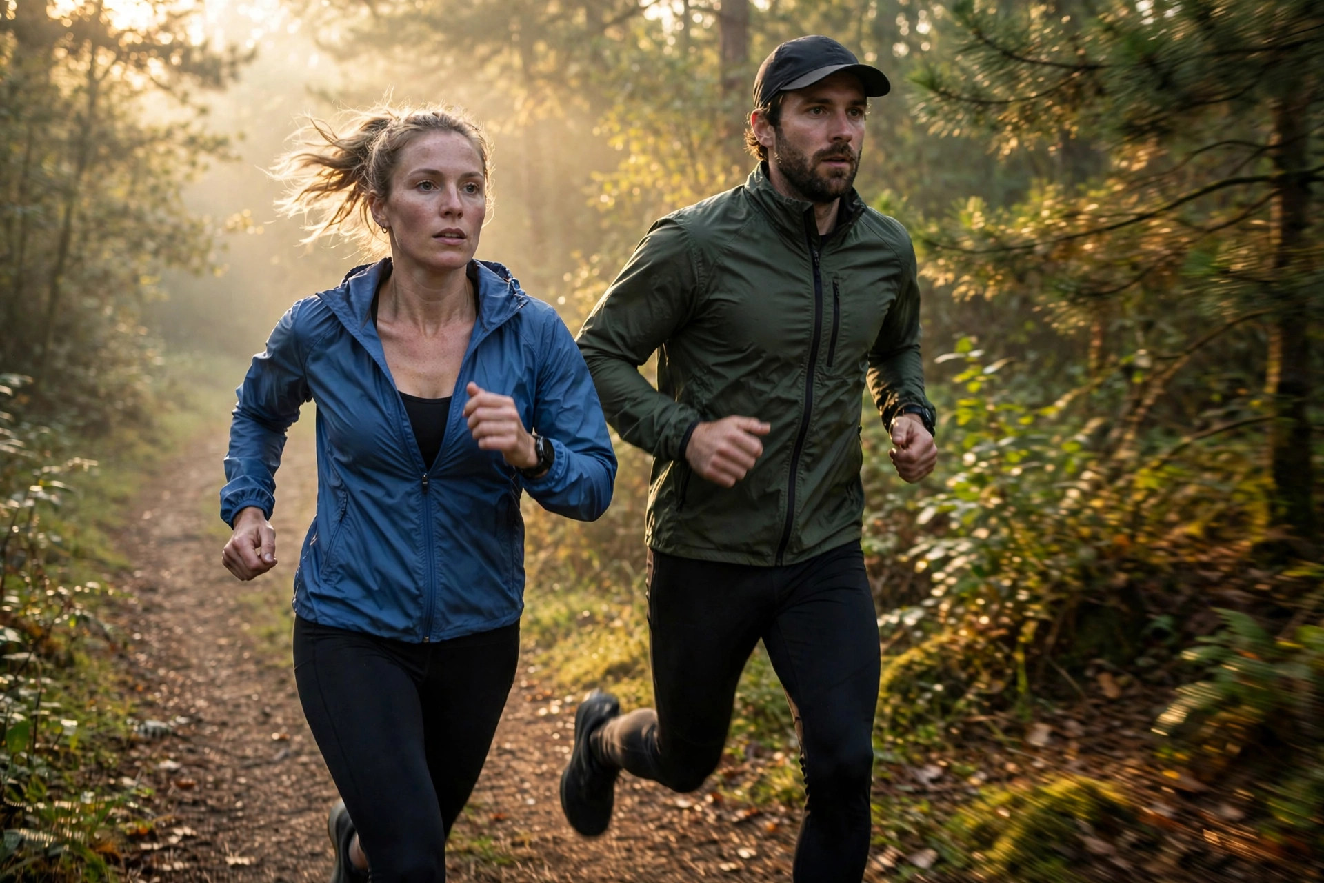 A man and a woman running on a sunlit forest trail at dawn; illustrative only, not real patients