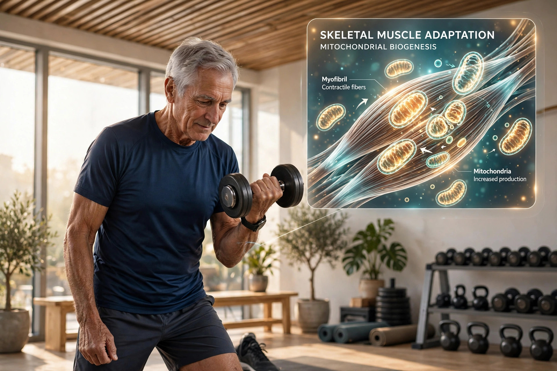 Illustrative editorial photo of a fit older adult strength training with dumbbells, with a scientific inset of glowing mitochondria in muscle fibers