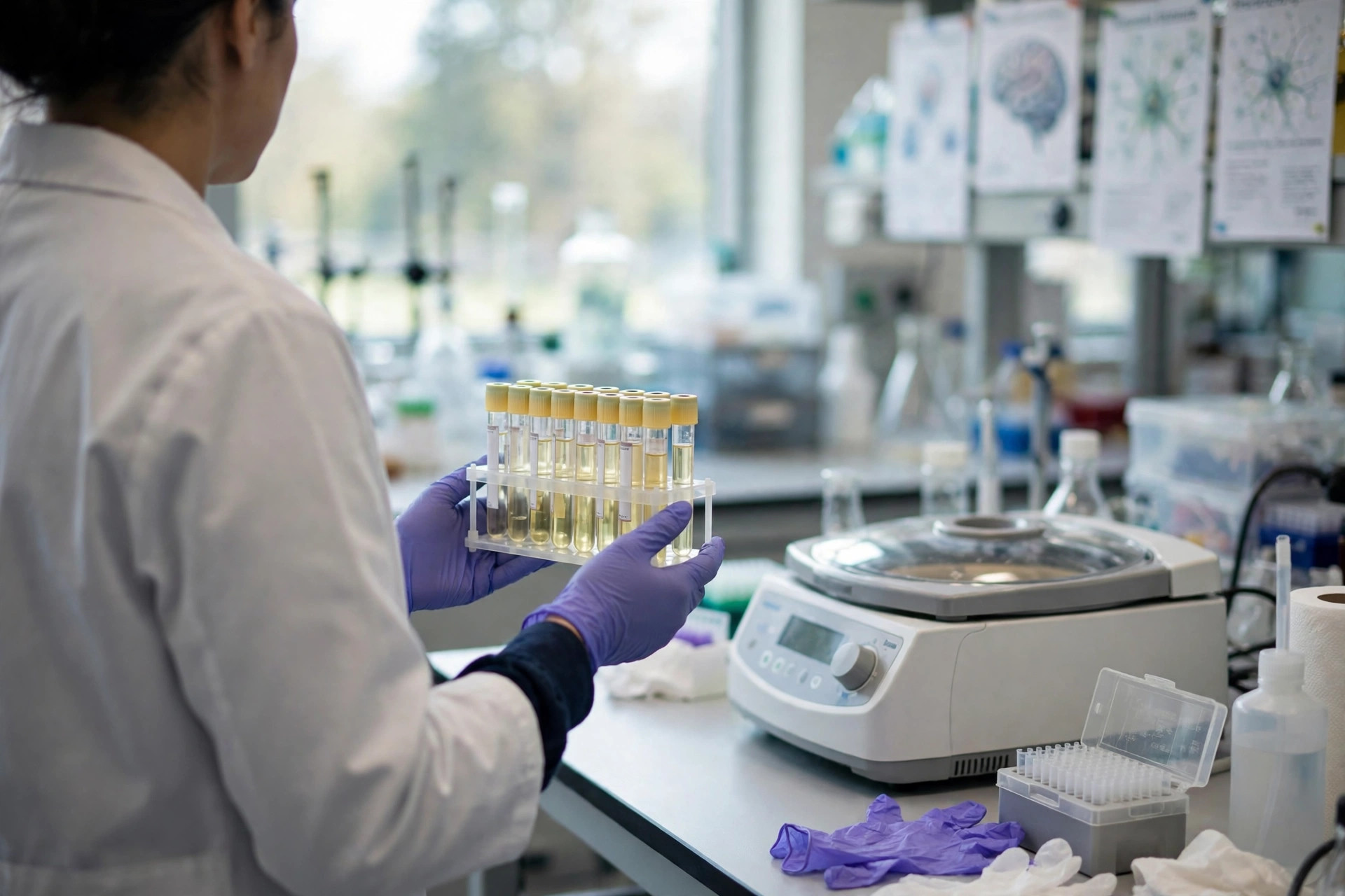A laboratory scientist in a bright clinical lab holding a rack of clear serum blood tubes beside a centrifuge, research images softly out of focus behind (illustrative image)