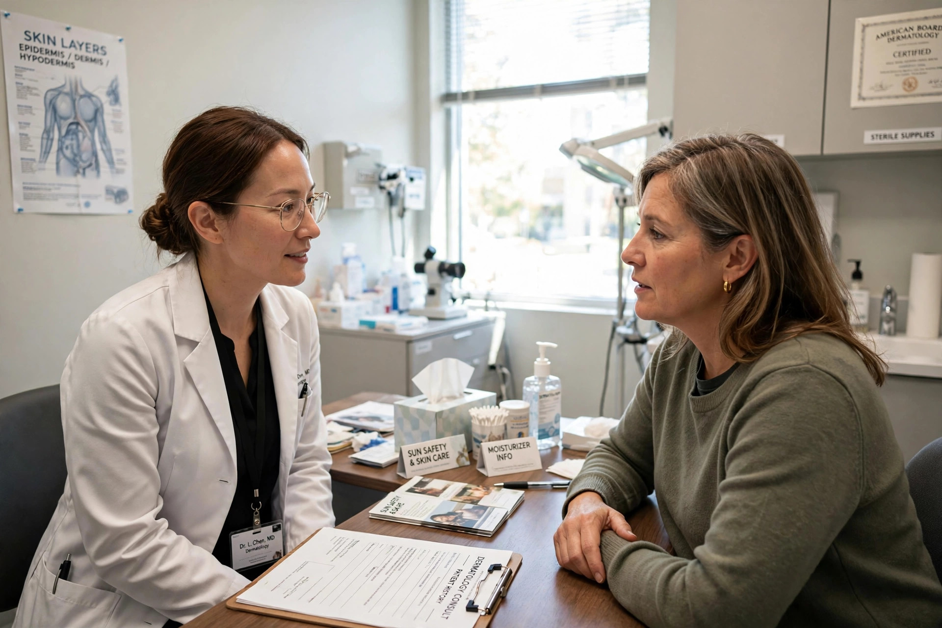 A doctor and patient talking in a bright dermatology exam room (illustrative image)