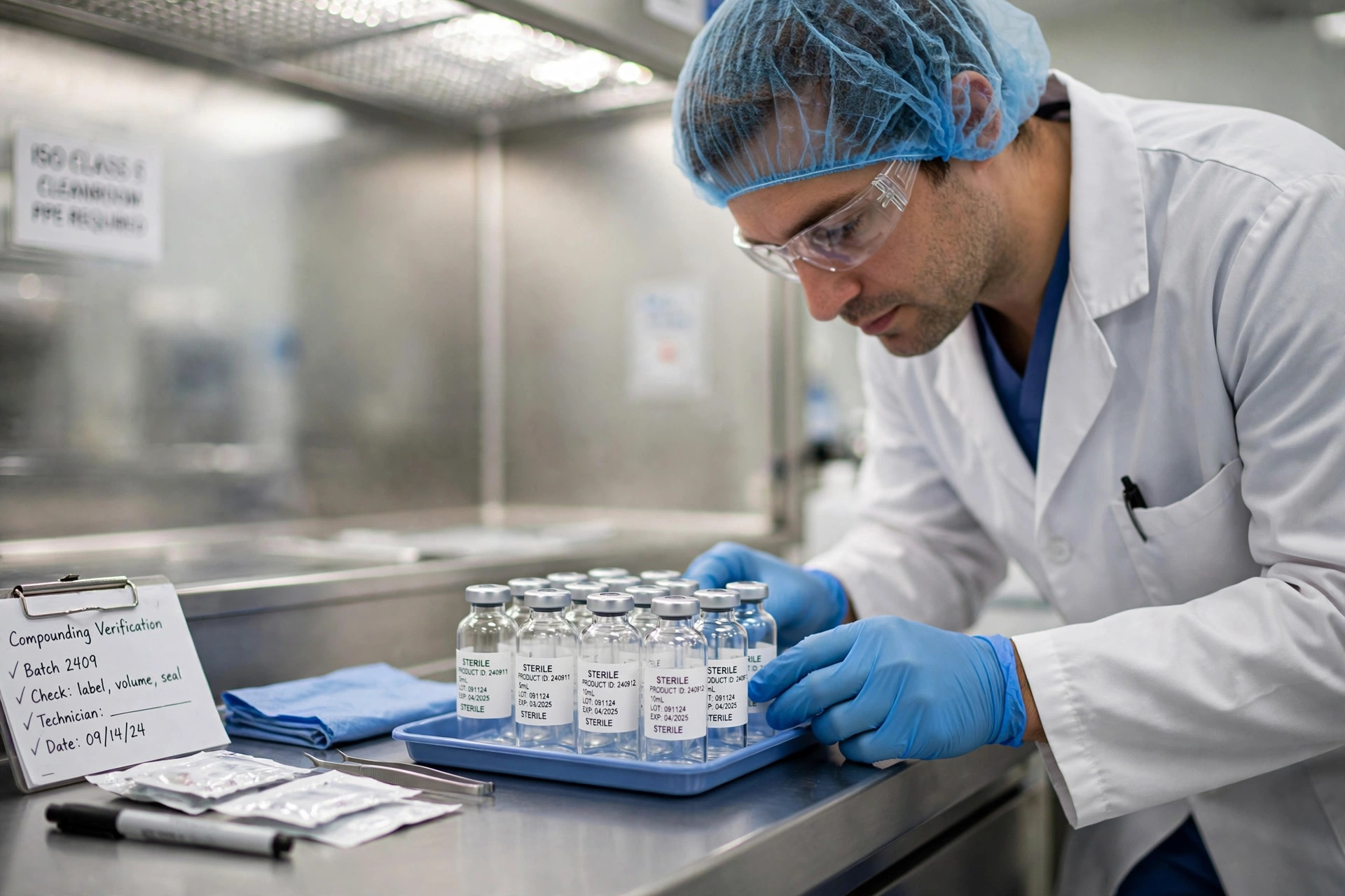 A pharmacist in a cleanroom reviewing sterile vials on a tray (illustrative image)