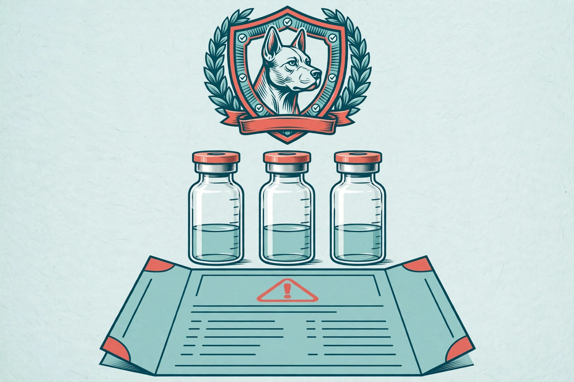 Editorial illustration of a regulatory shield above peptide vials and an official warning document