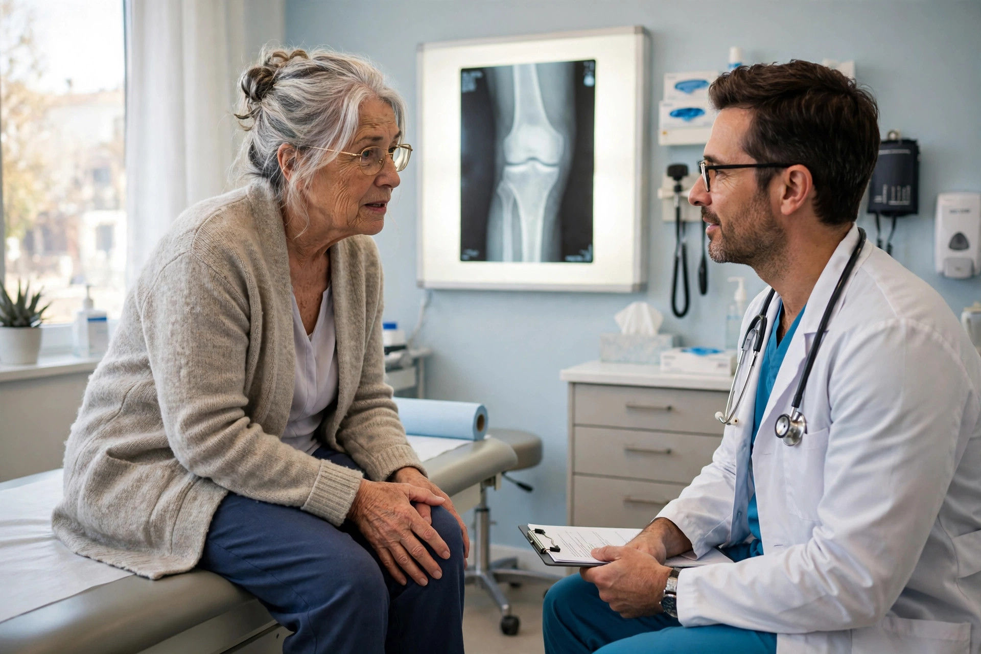 An older adult in a bright orthopedics clinic gently holding her knee while talking with a clinician, a knee joint X-ray softly visible on a lightbox behind (illustrative image)