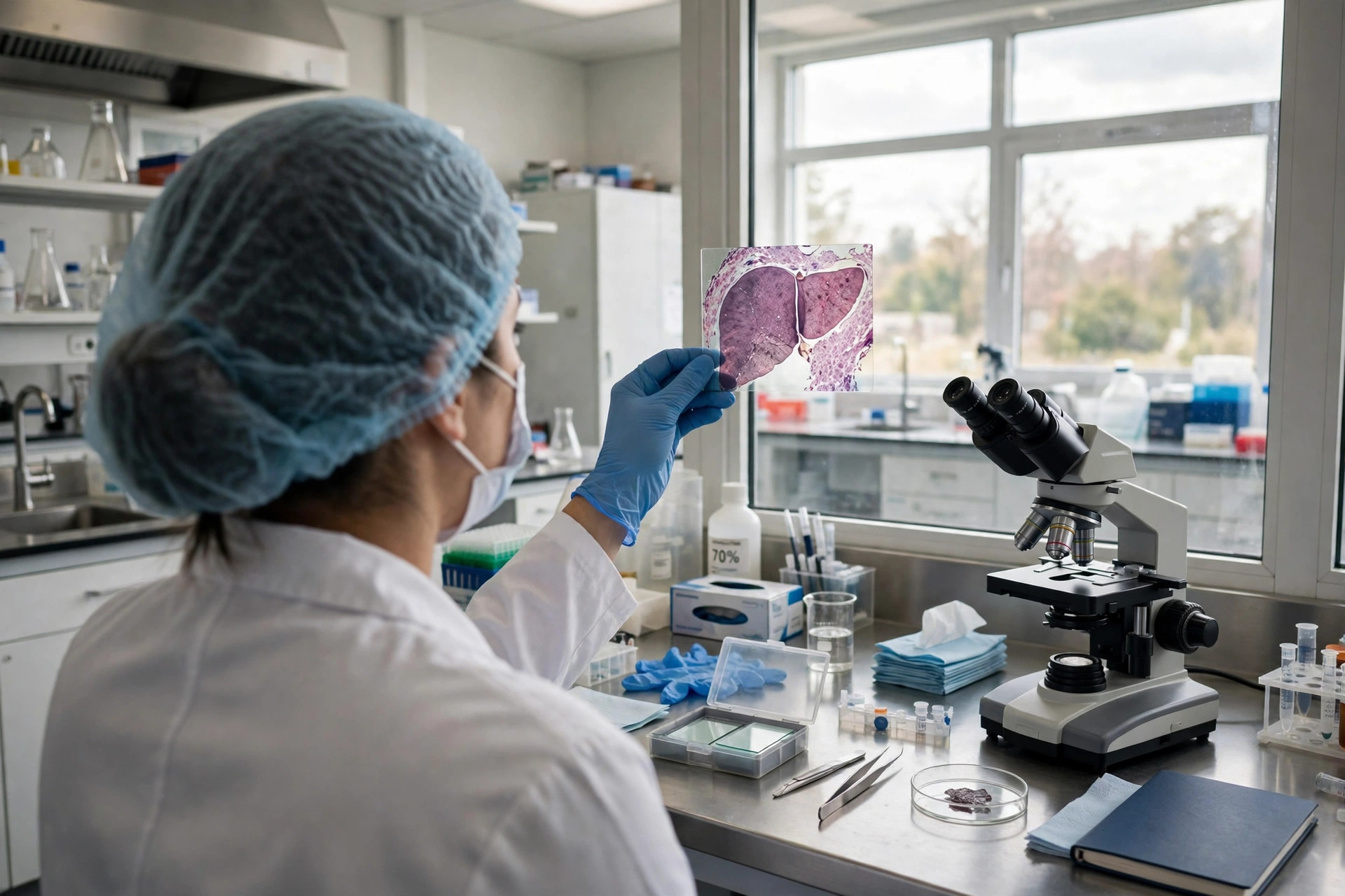 A hepatology researcher in a bright laboratory holding a liver tissue specimen slide up to window light, microscope on the bench (illustrative image)