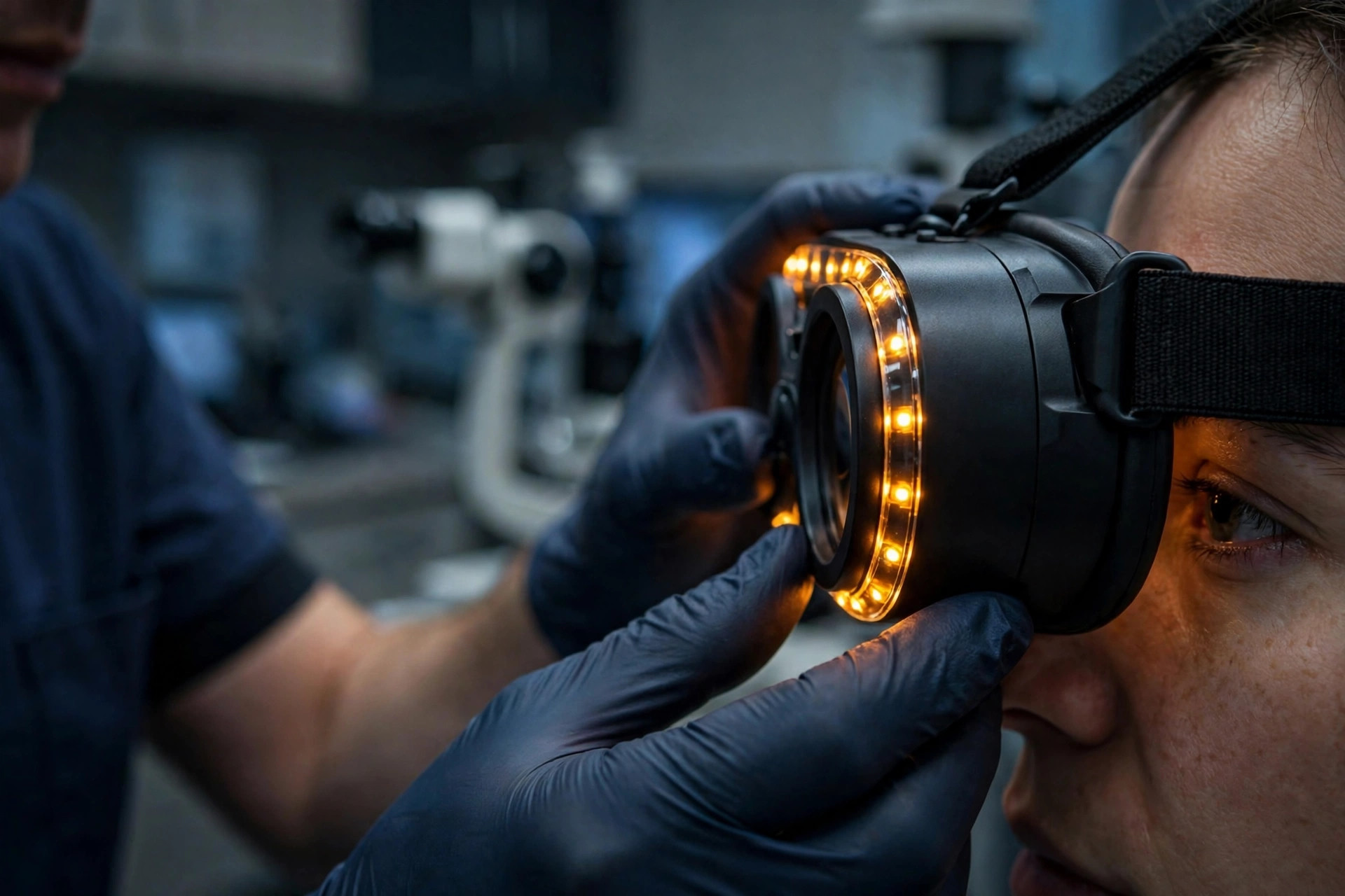 An ophthalmologist fitting amber light-stimulating goggles onto a patient in a dim eye clinic (illustrative image)