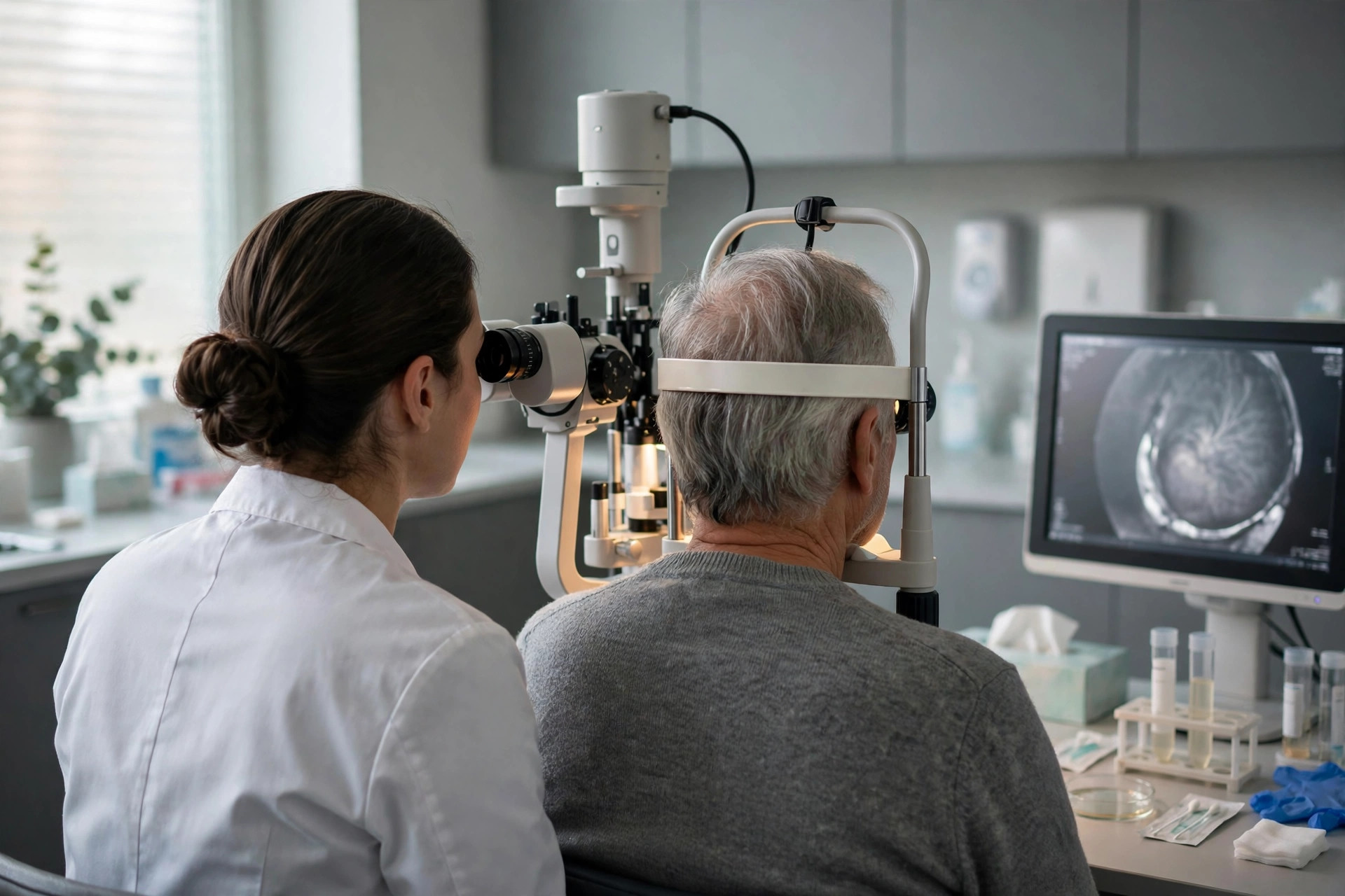 An ophthalmologist examining an older patient's eye with a slit lamp in a modern eye clinic, a retinal scan on a monitor beside sample tubes (illustrative image)
