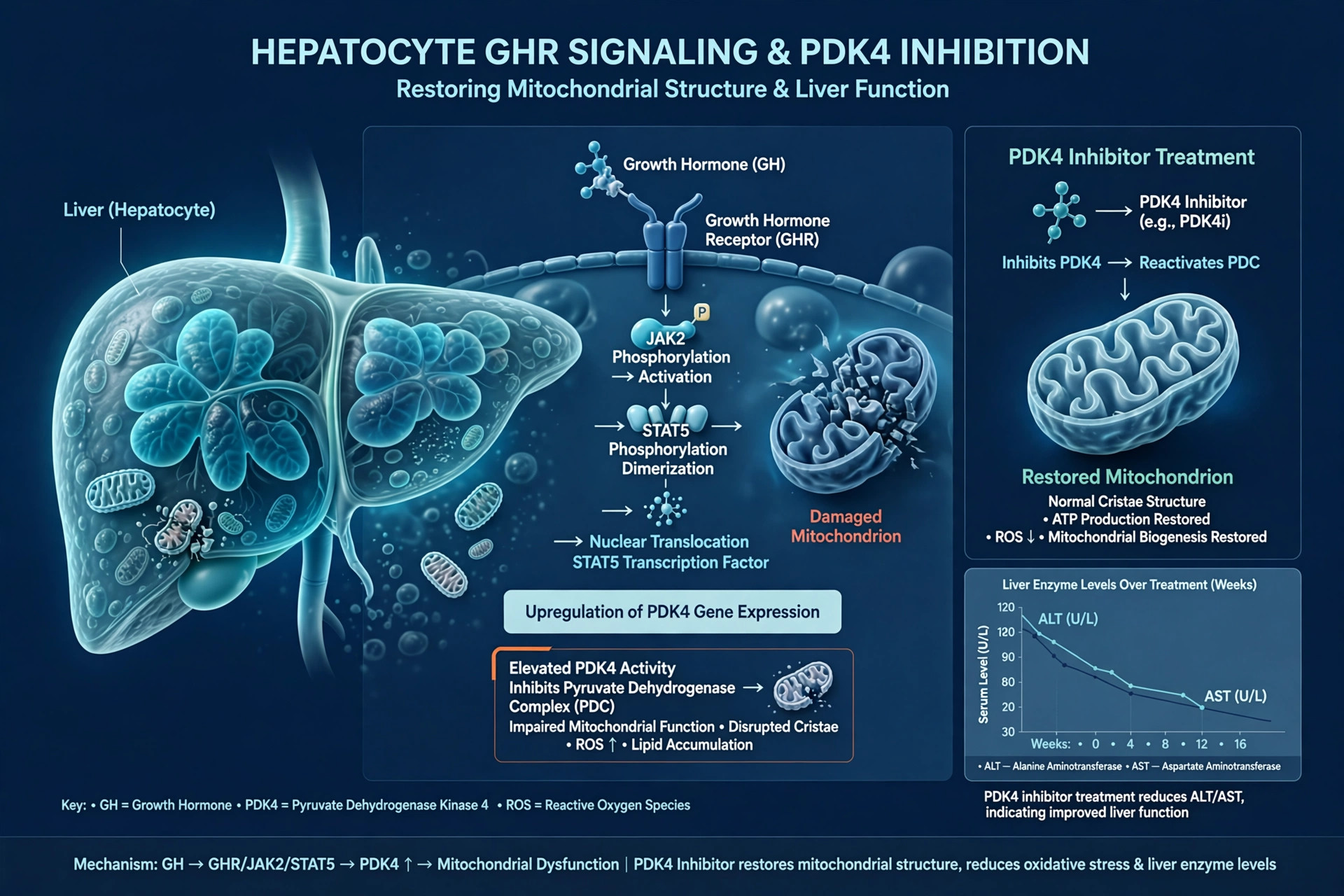 Editorial 3D illustration of a liver with mitochondria, growth hormone receptor signaling, and a PDK4 inhibitor restoring mitochondrial structure with a declining liver-enzyme graph