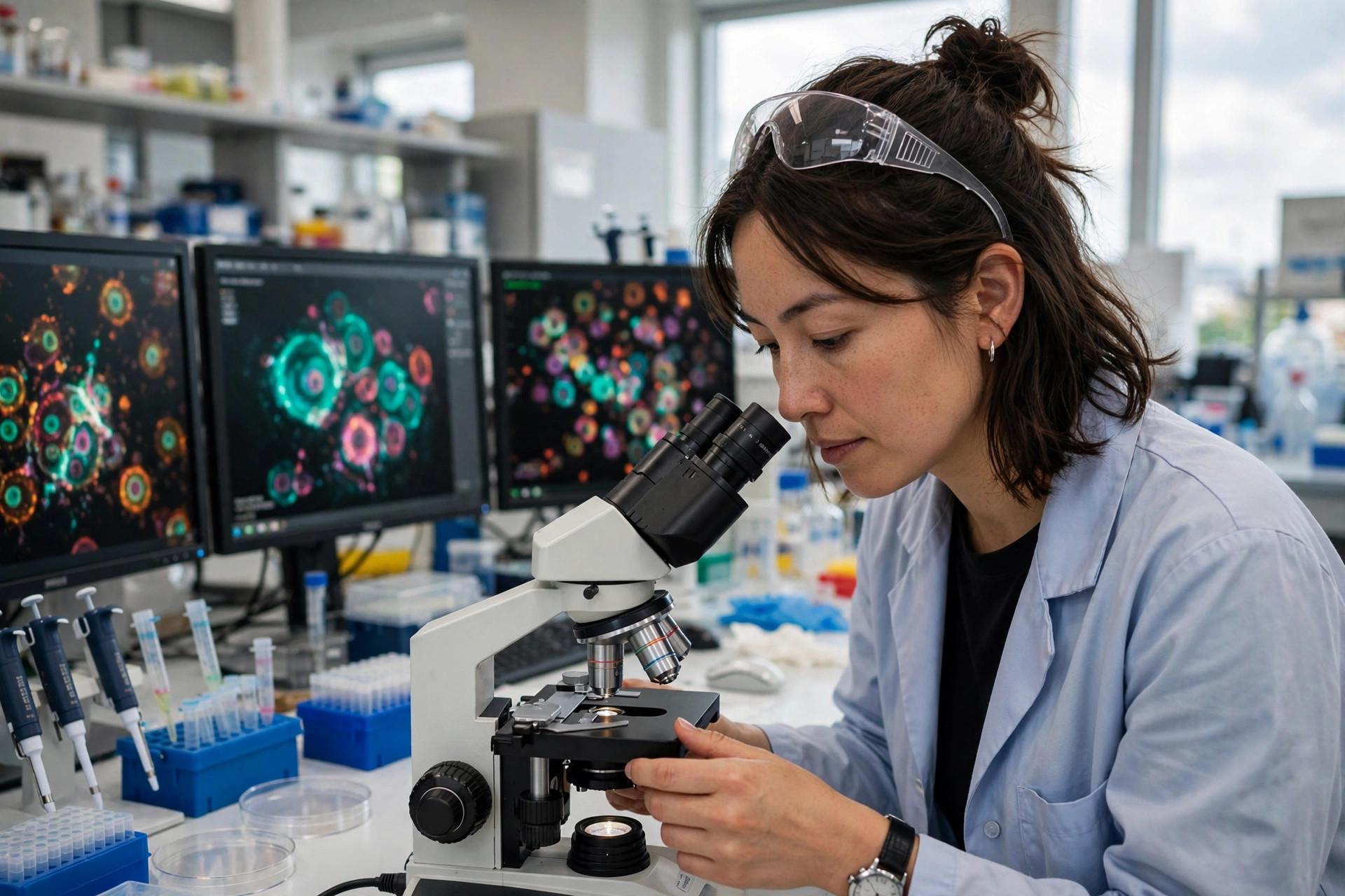 A researcher in a bright neuro-oncology laboratory examining brain tumor cell samples under a microscope, with cellular imaging on monitors behind her (illustrative image)