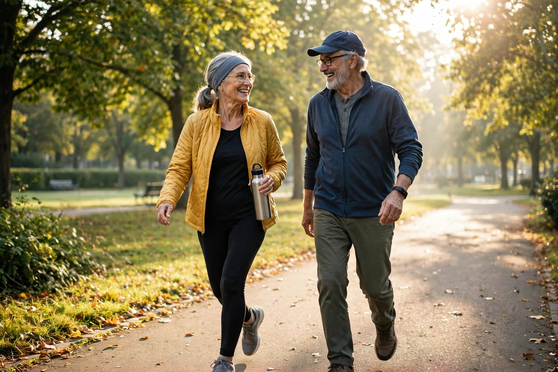 An older couple walking briskly on a sunny park path (illustrative image)