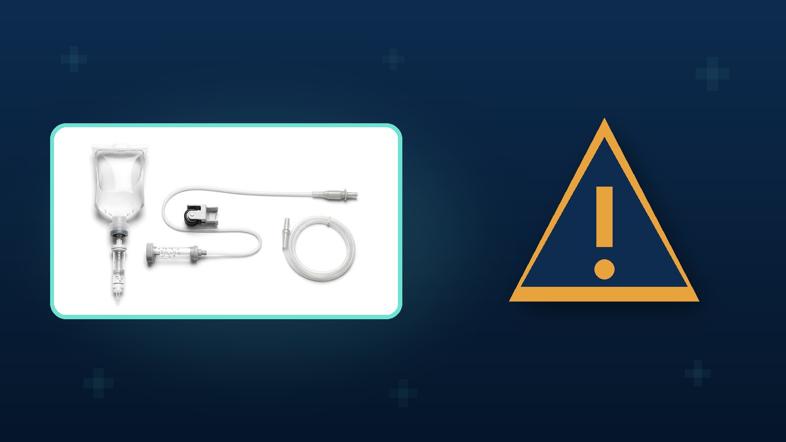 Editorial composite: IV fluid bag and tubing beside a warning symbol (illustrative; not the recalled products)