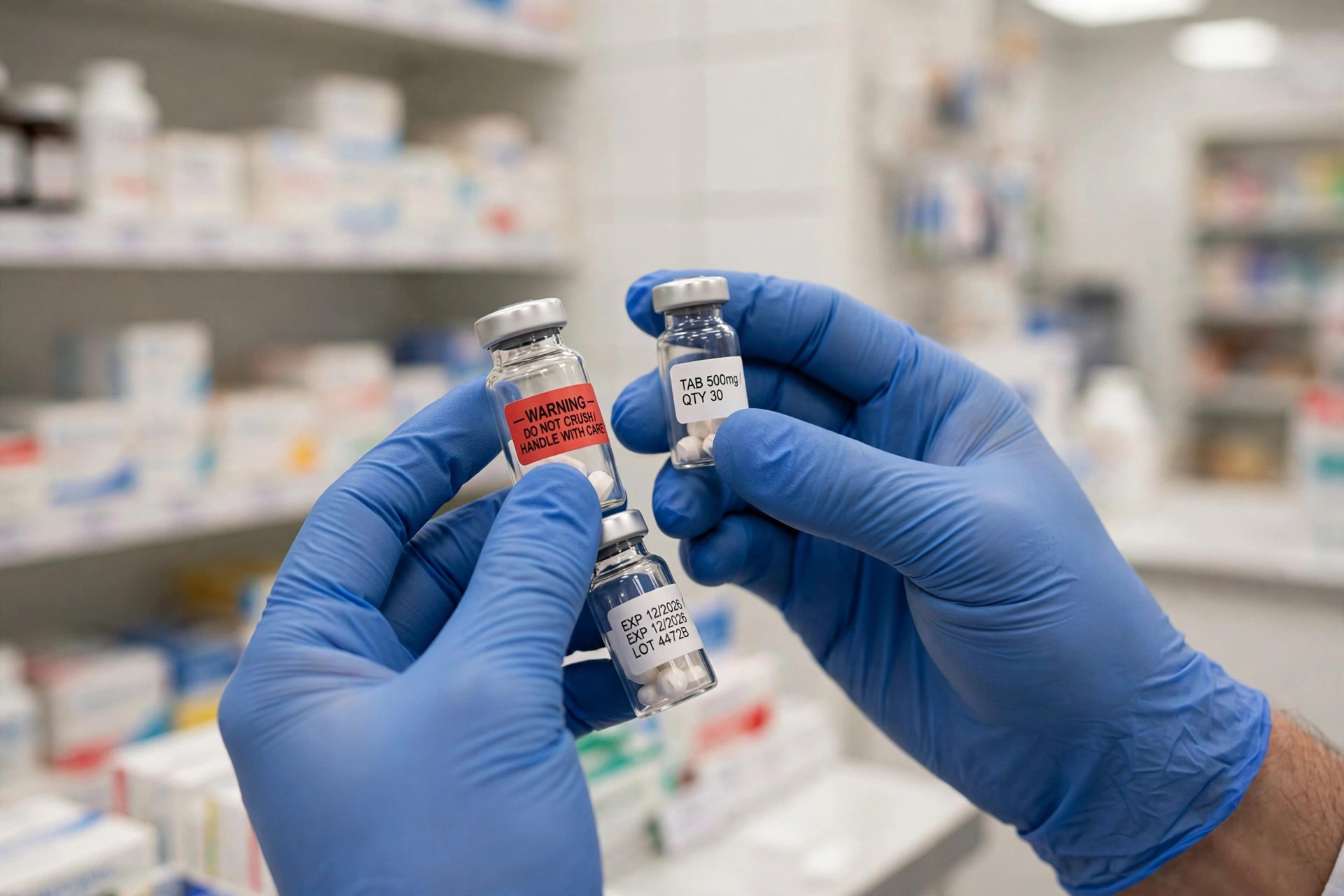 A pharmacist’s gloved hands inspecting medicine vials with a warning label (illustrative image)