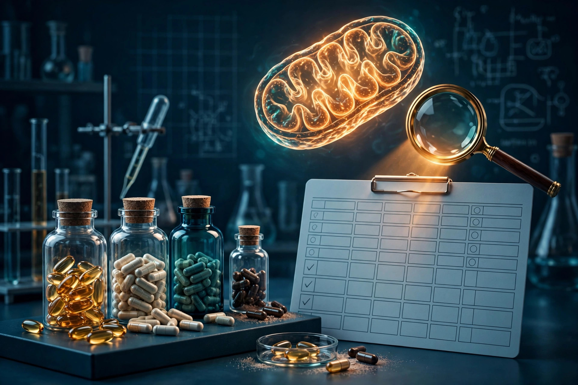 Editorial illustration of supplement bottles beside an evidence-grading scorecard, with a glowing mitochondrion under a magnifying glass