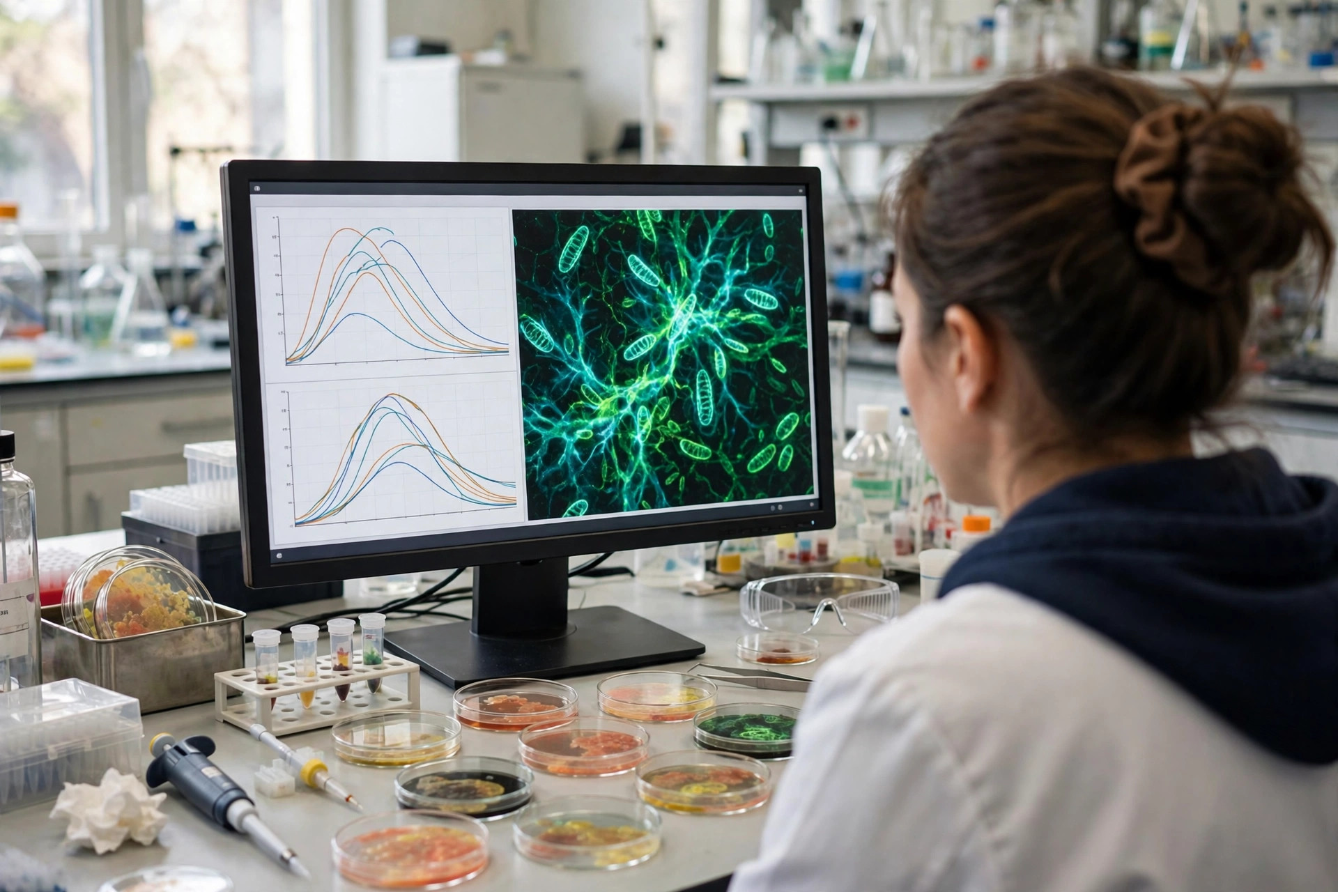 A researcher in a bright cancer biology laboratory looking at a monitor showing tumor cell metabolism charts and glowing mitochondrial networks, petri dishes on the bench (illustrative image)