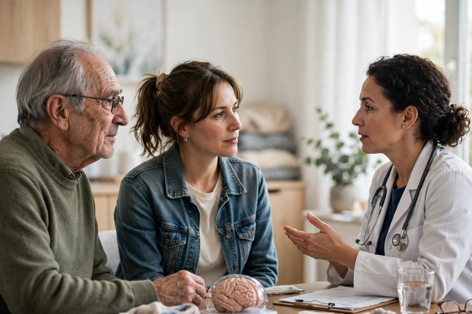 An older adult and adult daughter talking with a clinician about brain health screening at a clinic table in natural light (illustrative image)