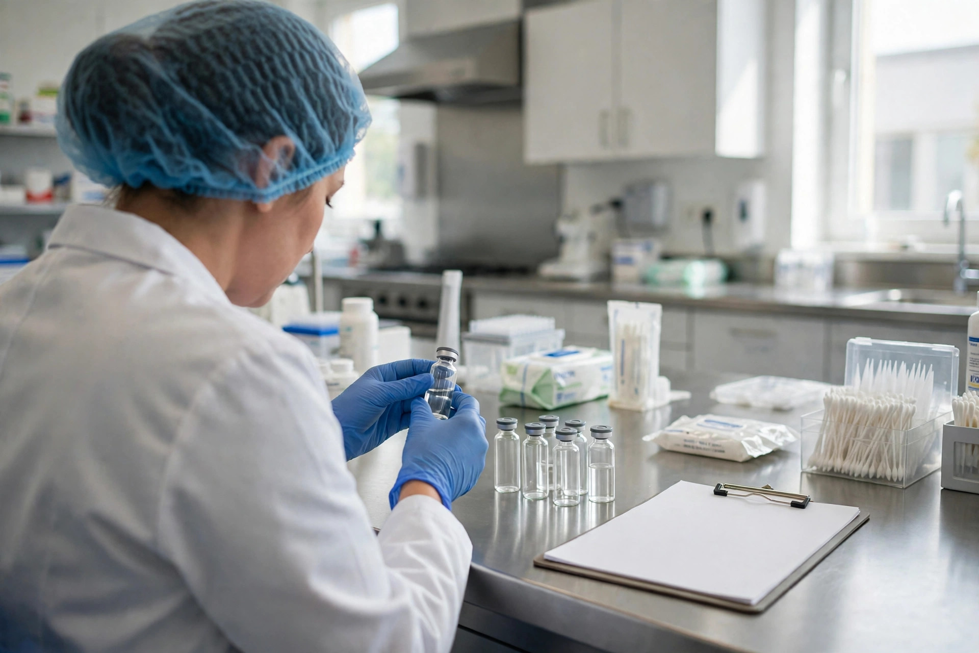 A pharmacist in a clean modern compounding pharmacy reviewing plain unlabeled peptide vials on a bench beside a clipboard, bright daylight (illustrative image)