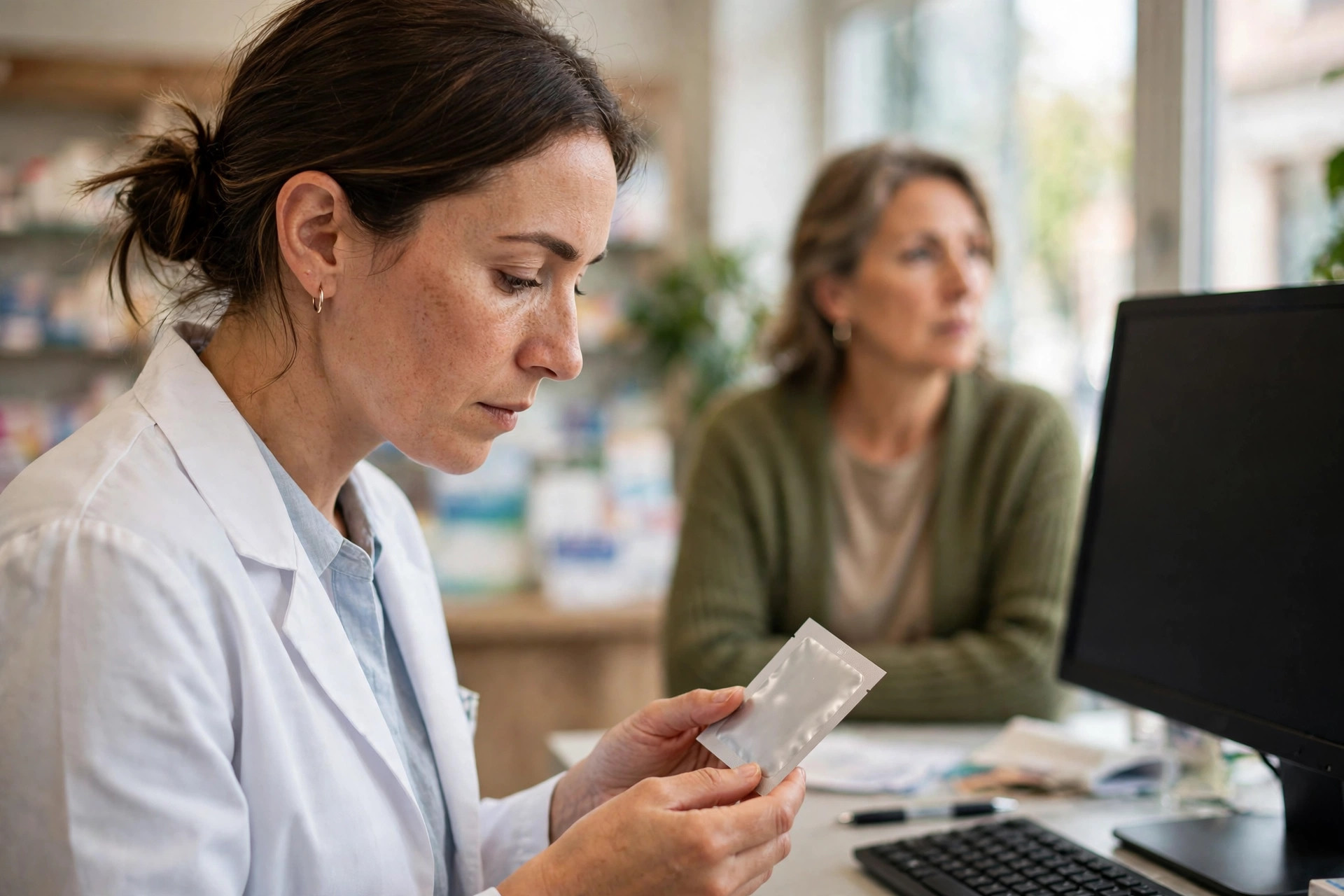 A pharmacist in a bright pharmacy reviewing a plain unlabeled transdermal patch package beside a computer, a menopausal-age woman customer softly out of focus behind (illustrative image, not a real patient)