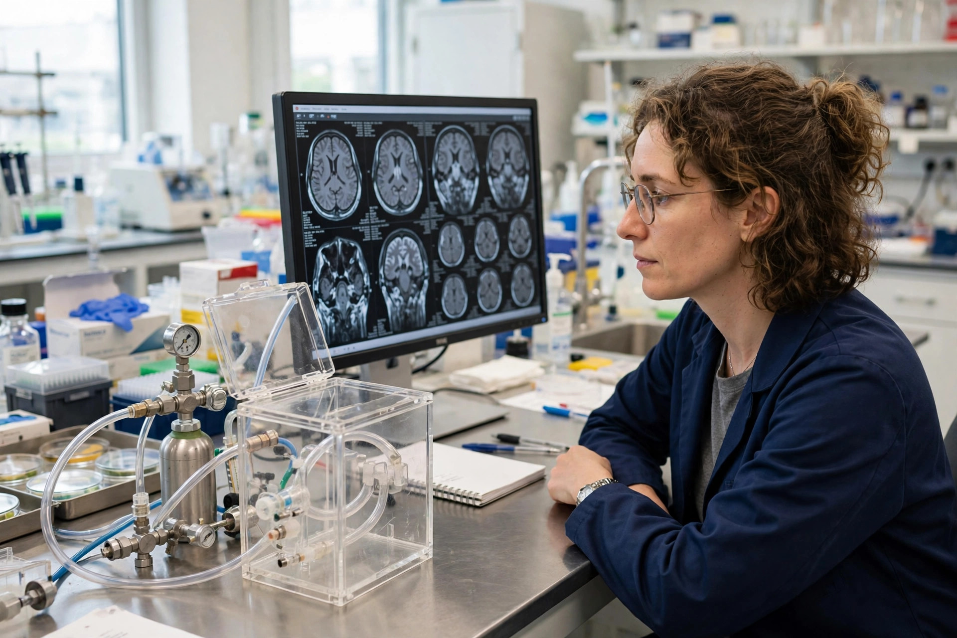 A neuroscientist in a bright laboratory beside transparent inhalation equipment used in animal research, reviewing brain images on a monitor (illustrative image)