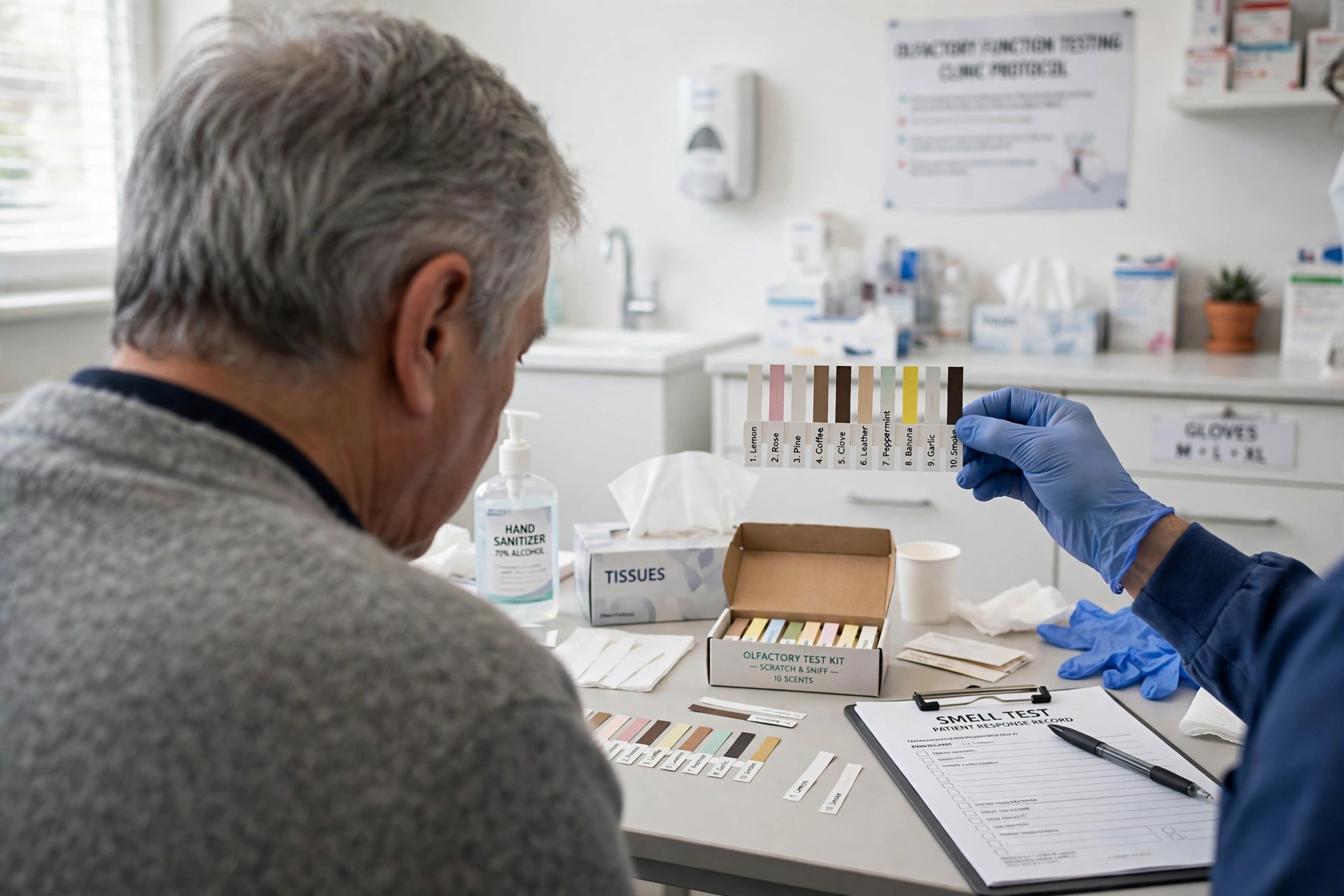 An older adult taking an olfactory smell test with scent strips at a clinic table (illustrative image)