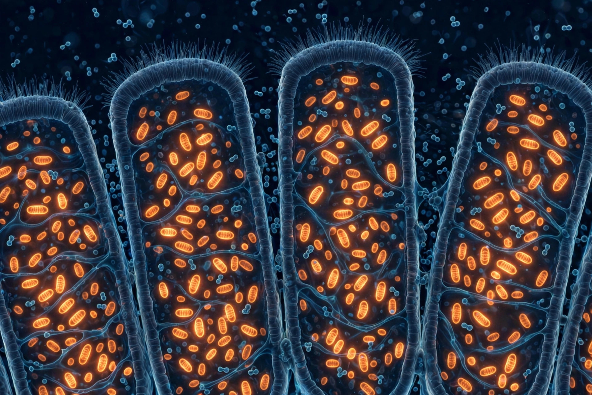 Microscopy-style image of intestinal cells with glowing orange mitochondria recovering as small hydrogen molecules diffuse in; illustrative only
