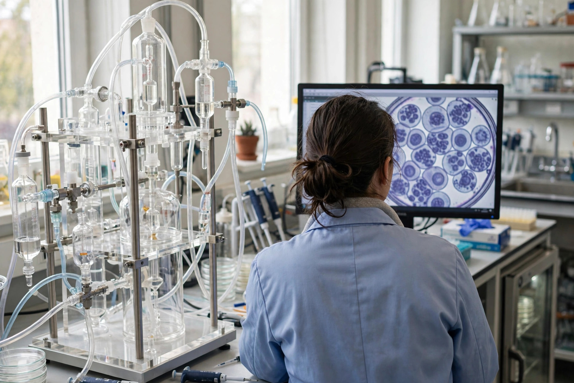 An oncology researcher in a bright laboratory beside transparent gas-delivery research equipment, reviewing cell-culture results on a monitor (illustrative image)