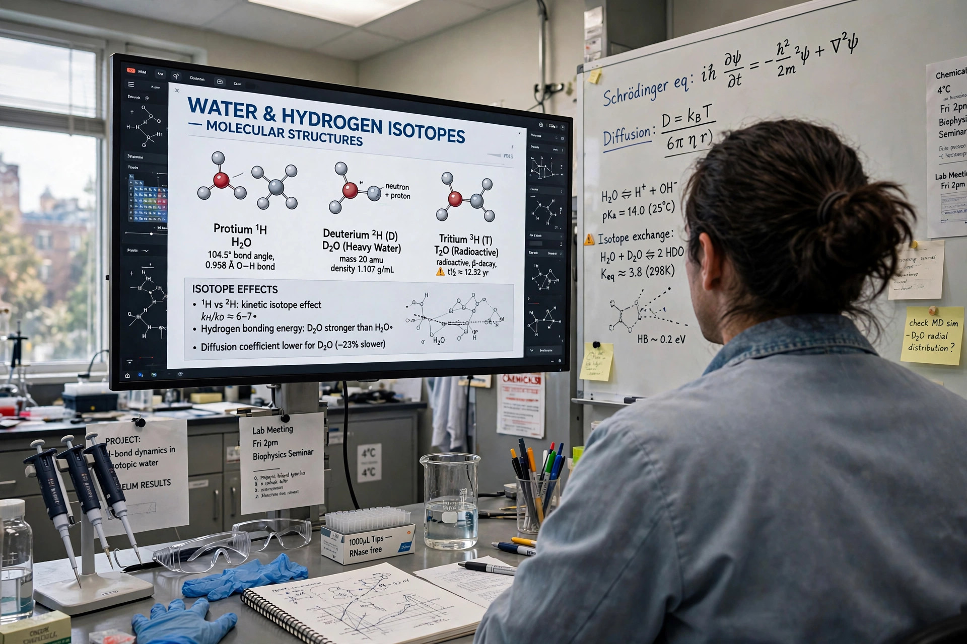 A researcher studying molecular structures of water and hydrogen isotopes on a laboratory monitor (illustrative image)