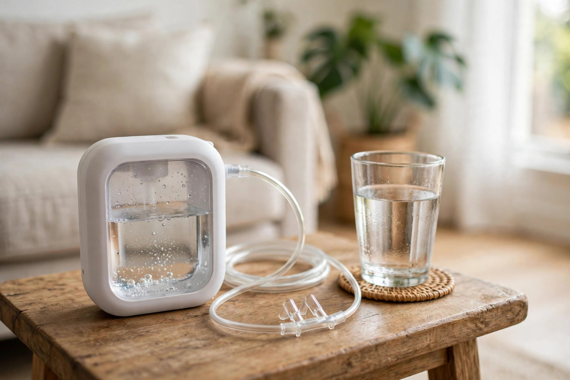 A home hydrogen inhalation device with a nasal cannula on a side table in a bright living room beside a glass of water (illustrative image)