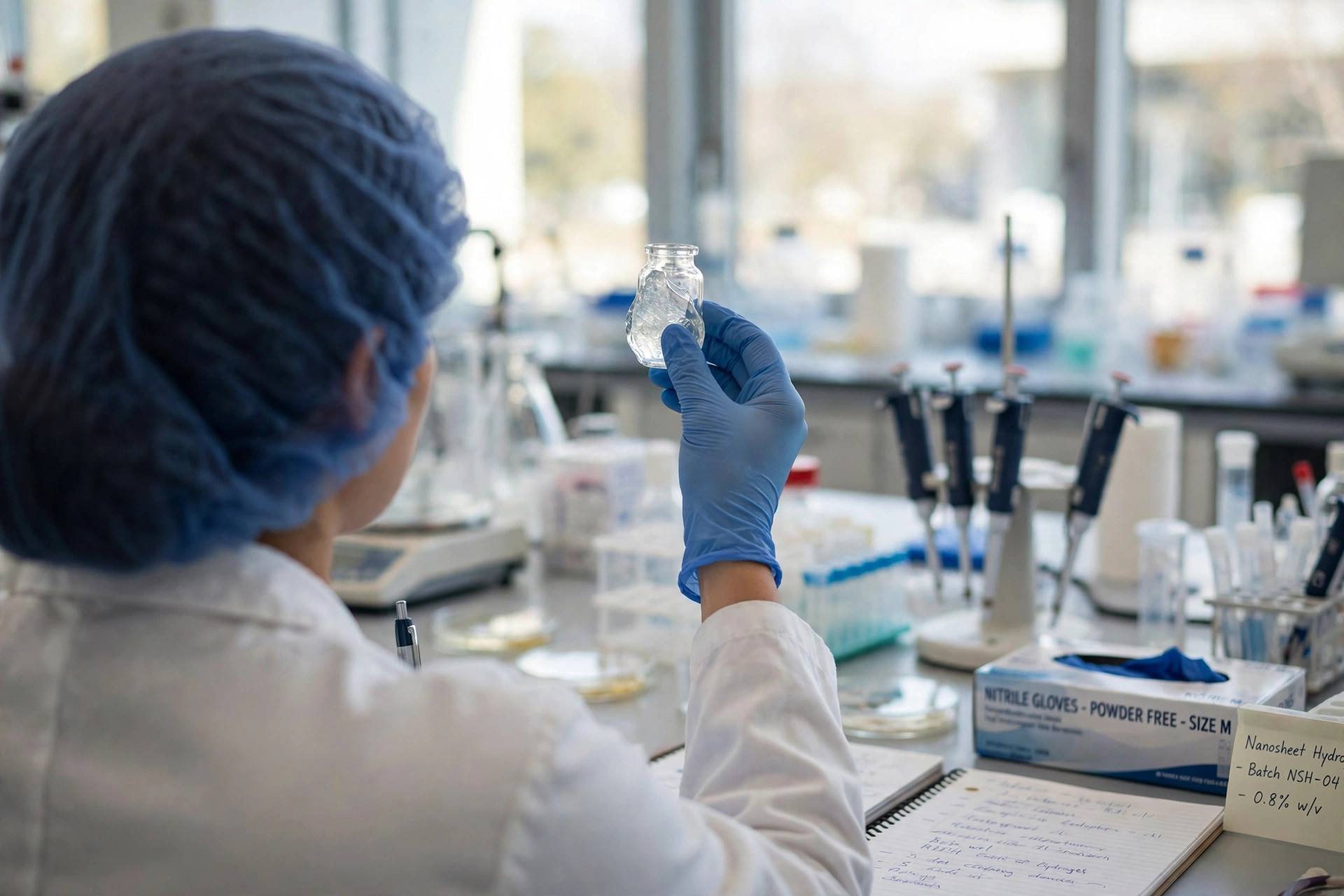 A researcher holding a small glass vial of nanosheet material up to the light in a bright laboratory, seen from behind (illustrative image)