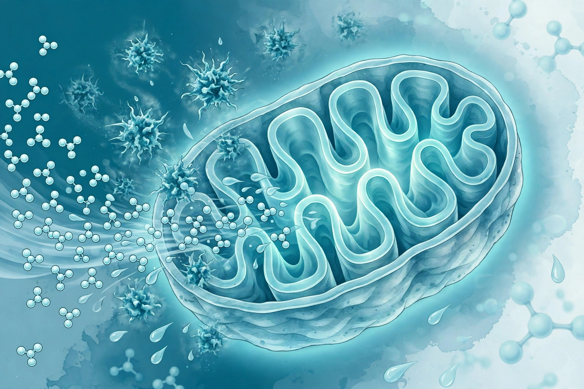 Editorial illustration of hydrogen molecules flowing into a glowing mitochondrion