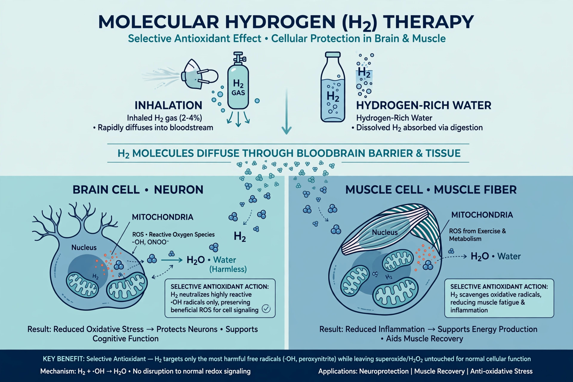 Editorial illustration of tiny H2 molecules diffusing into mitochondria in brain and muscle cells, with inhalation and hydrogen-rich water delivery icons