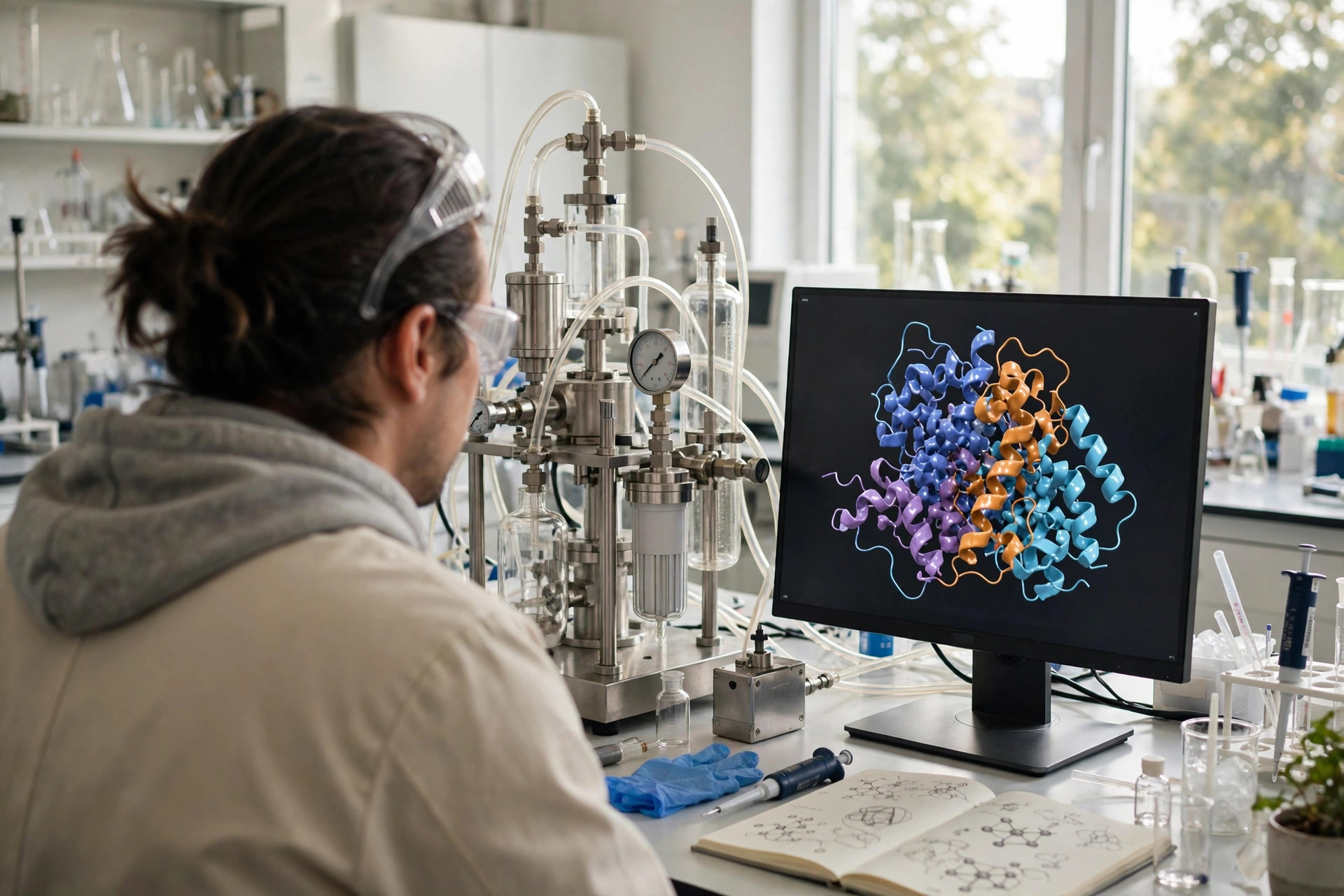 A scientist in a bright laboratory studying a protein structure model on a monitor beside gas-analysis equipment (illustrative image)