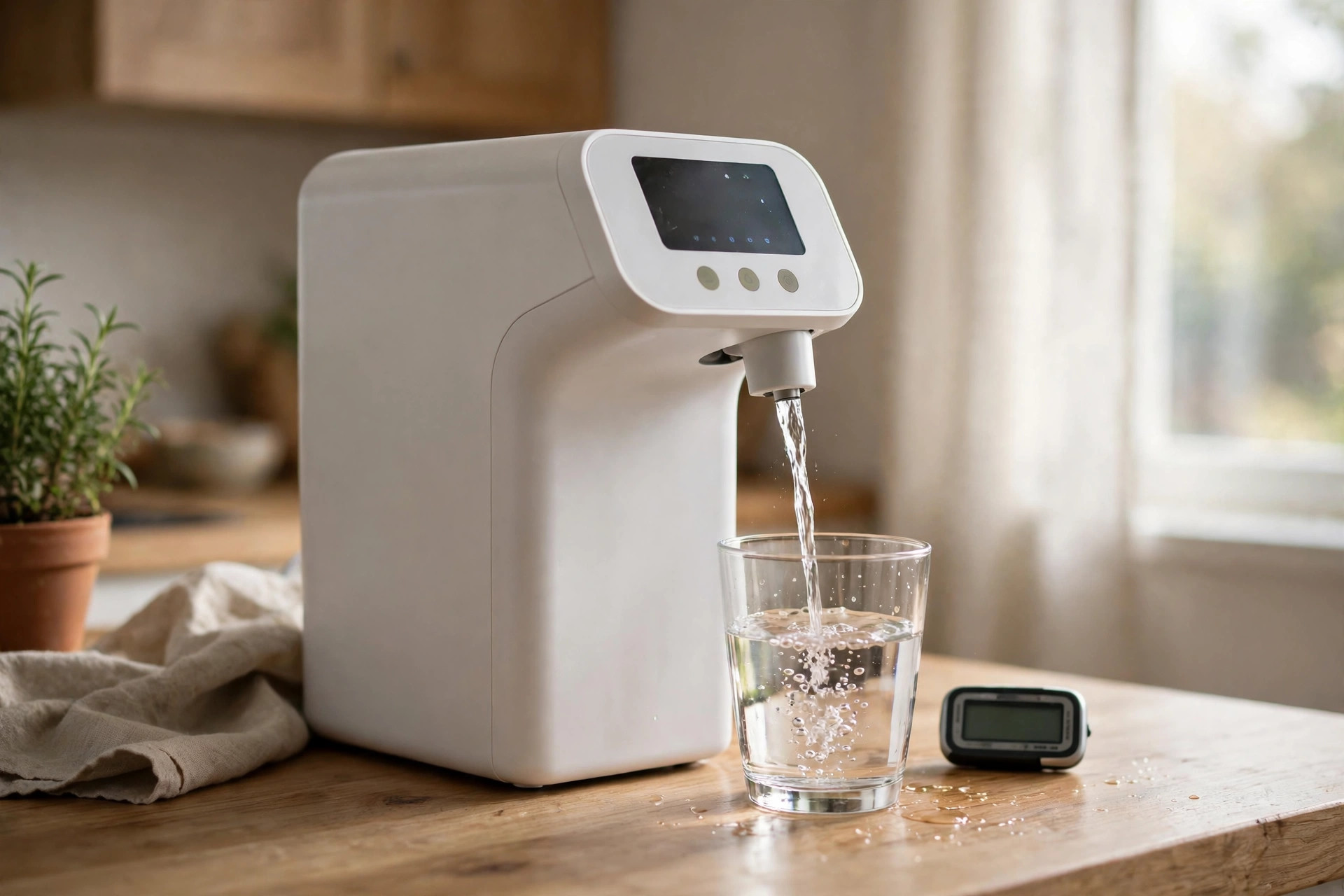 A countertop water ionizer filling a glass of water on a kitchen counter, a small digital meter beside the glass; illustrative only
