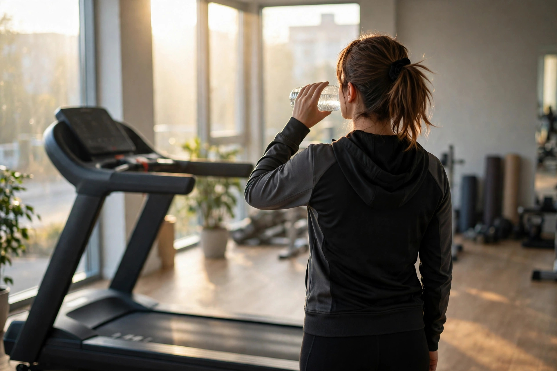 A person in athletic clothes drinking from a clear water bottle beside a treadmill in a bright gym, face turned away (illustrative image)