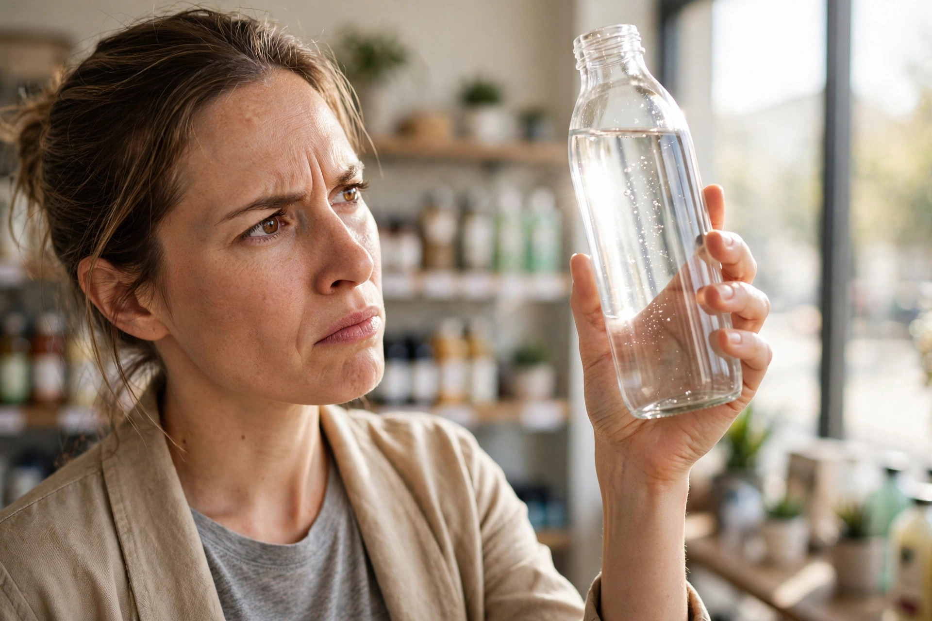 A skeptical shopper in a bright wellness store holding a sleek unlabeled bottle of hydrogen water up to the light, shelves of wellness drinks softly out of focus behind (illustrative image)