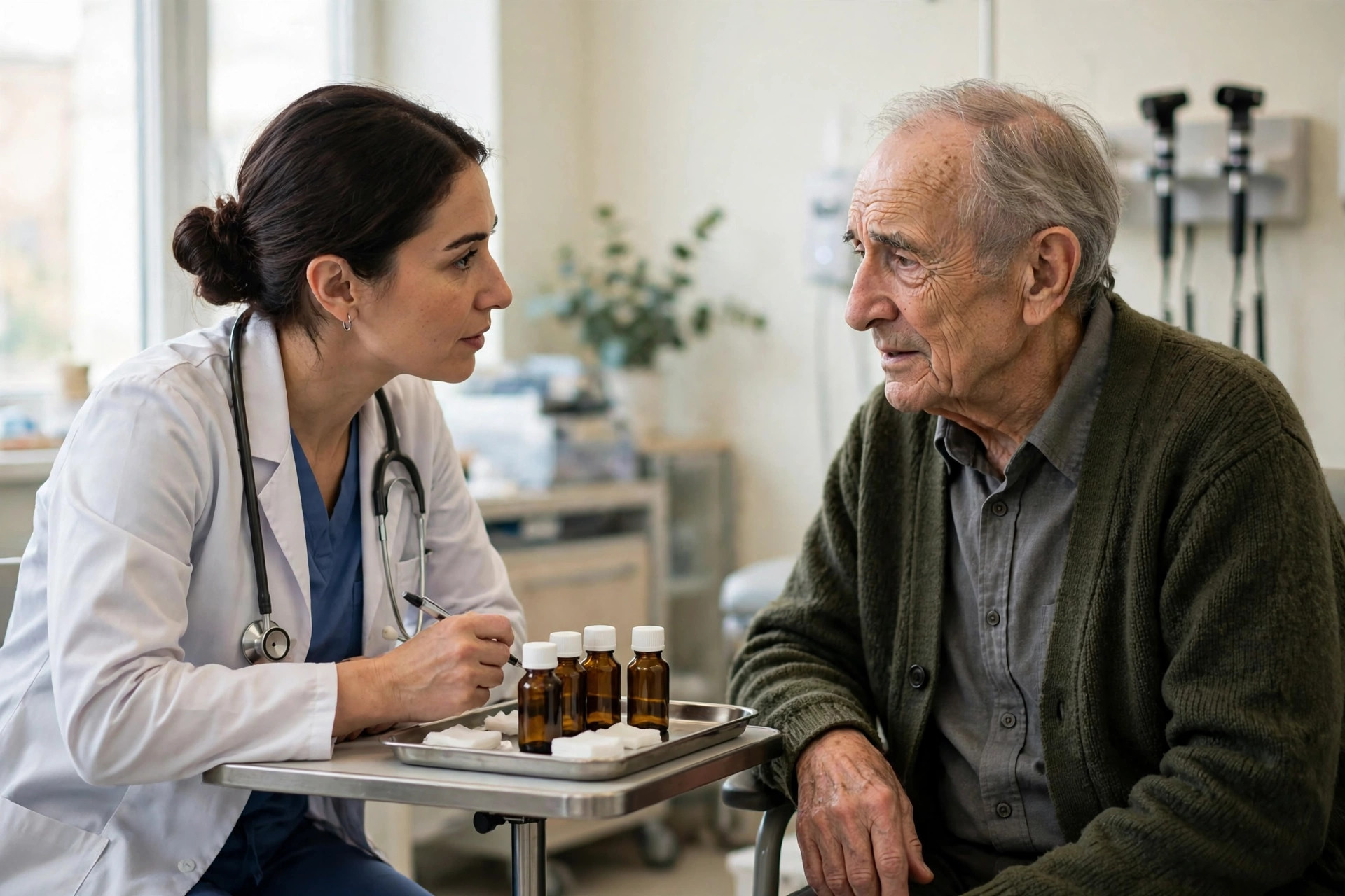 An older patient with Parkinson's in a bright neurology clinic talking with a clinician, a small tray with plain unlabeled medication bottles nearby (illustrative image)