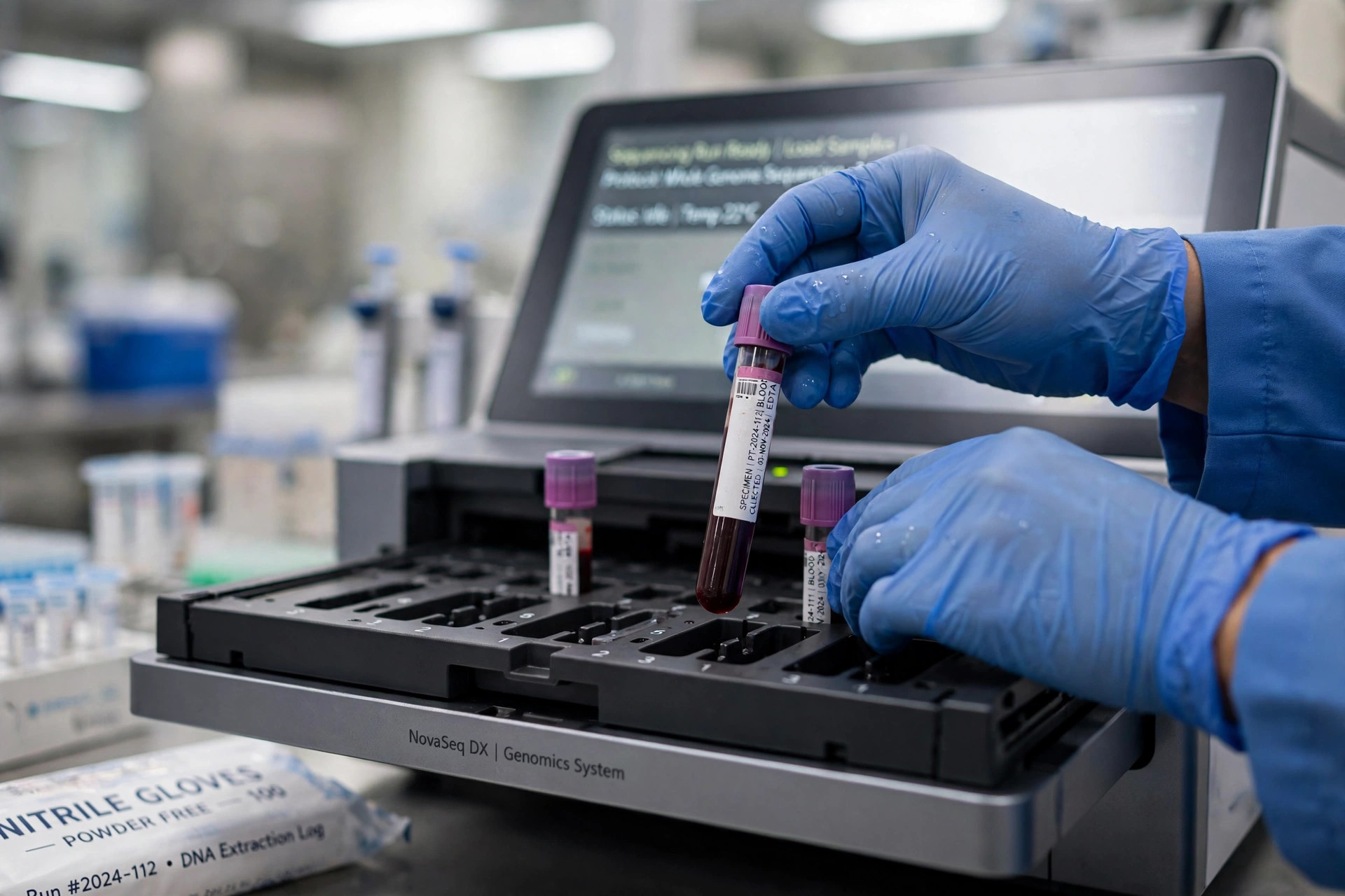 A scientist's gloved hands loading blood sample tubes into a DNA sequencing machine (illustrative image)