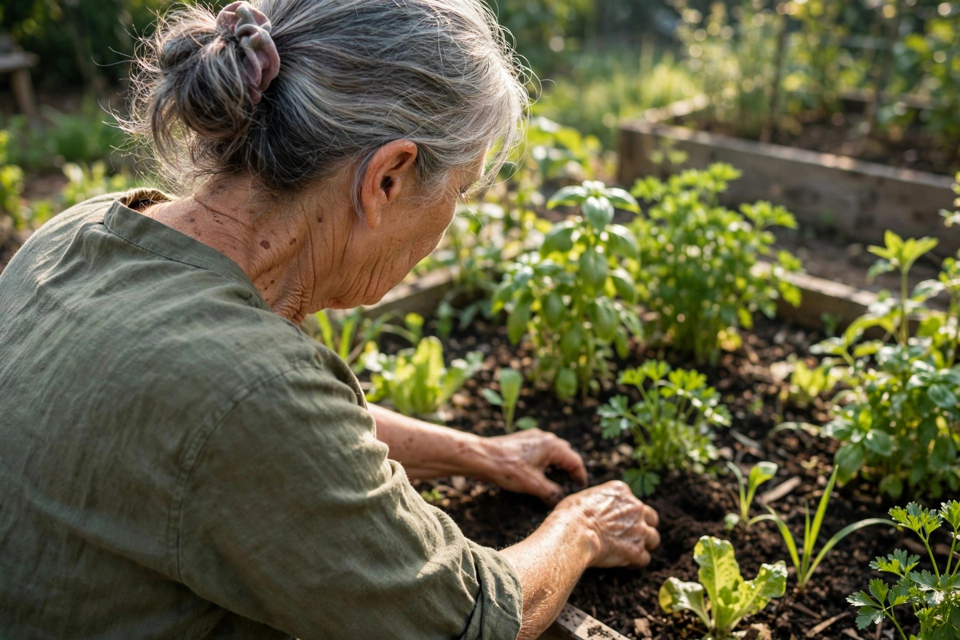 A healthy older woman gardening outdoors in morning sunlight, hands working in soil among green plants (illustrative image)
