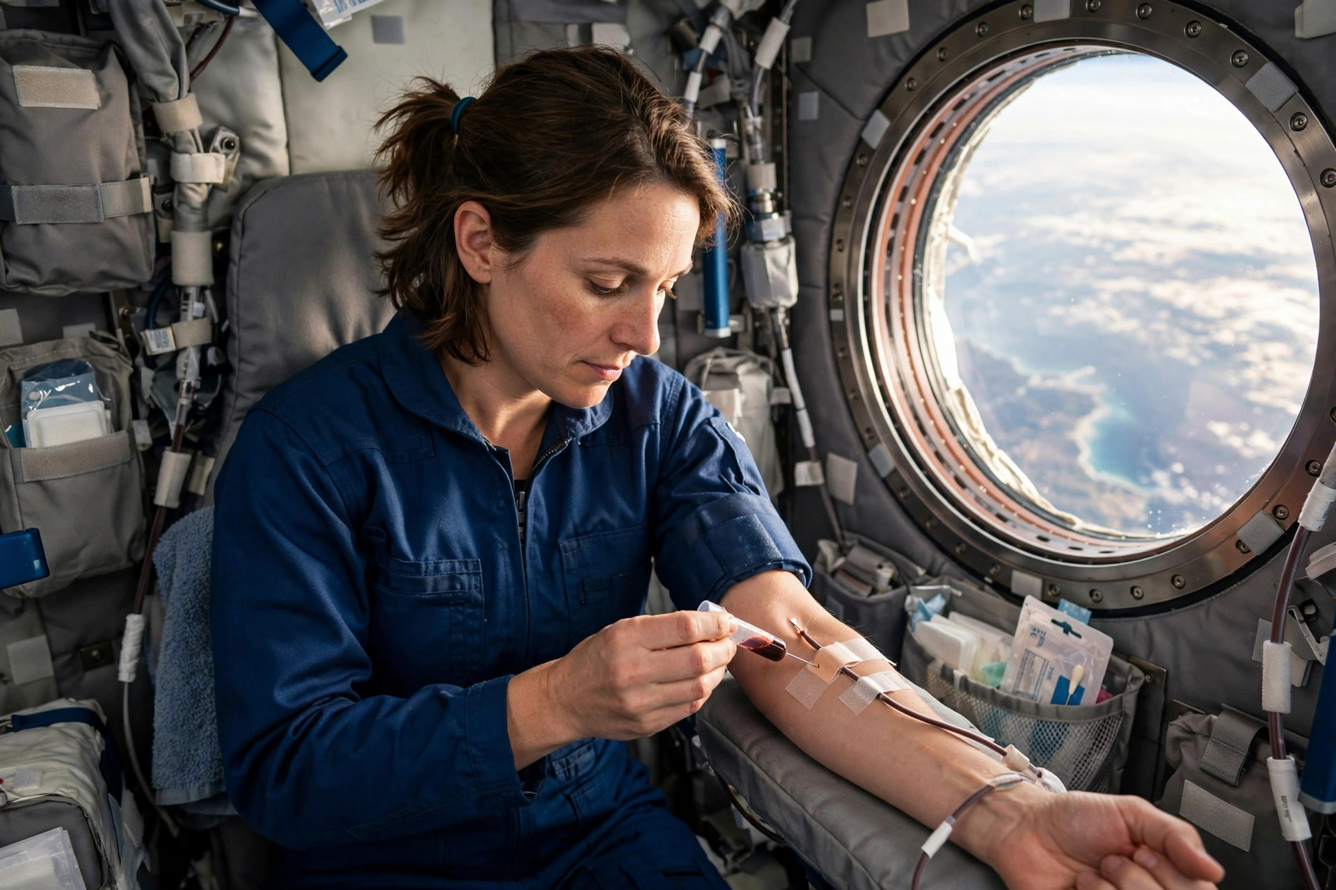 An astronaut in a plain flight suit giving a small blood sample inside a space station module with soft light from a porthole (illustrative image)