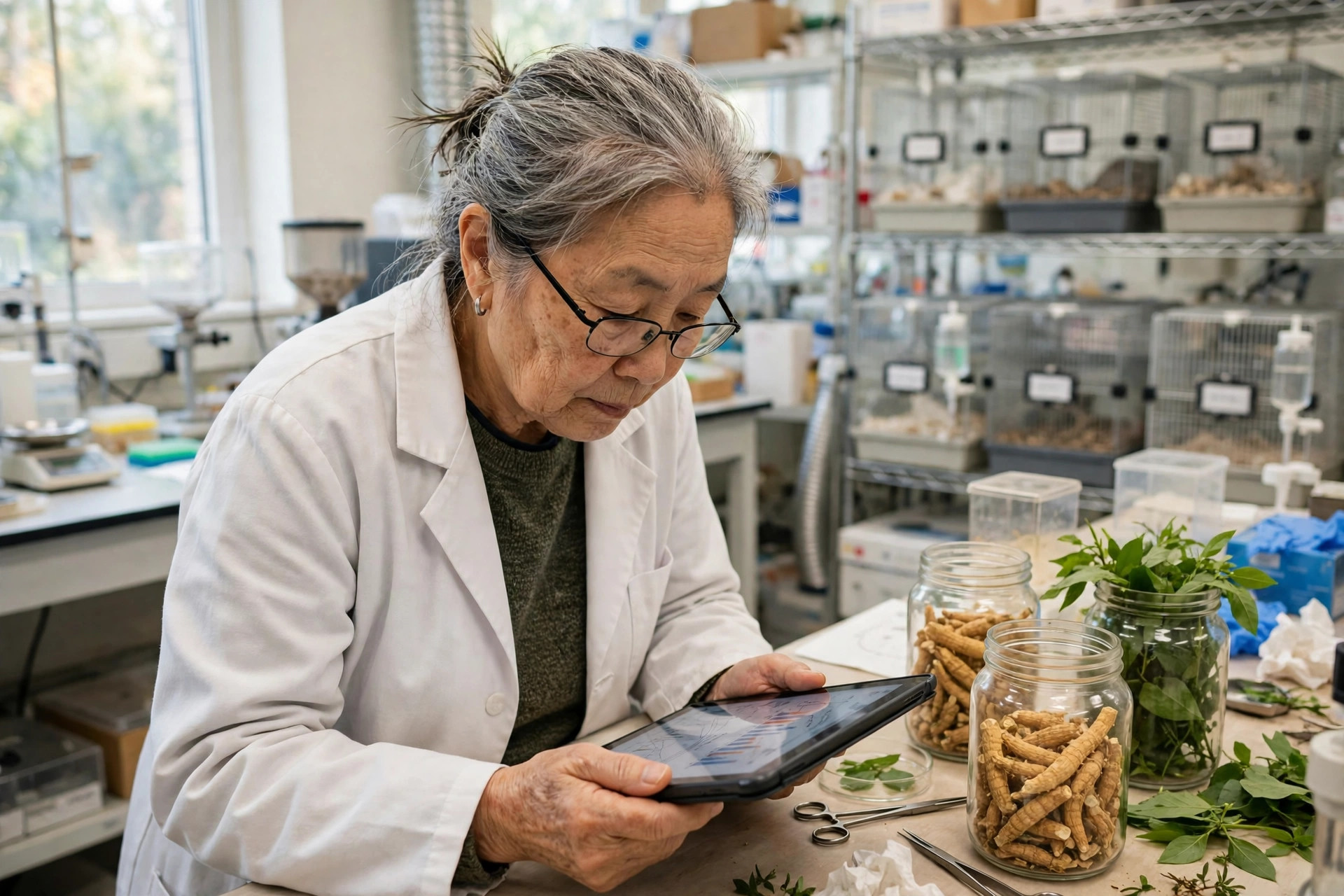 An aging-research scientist in a bright university laboratory reviewing mouse study charts on a tablet, berberine root and green plant leaves in jars on the bench beside her (illustrative image)