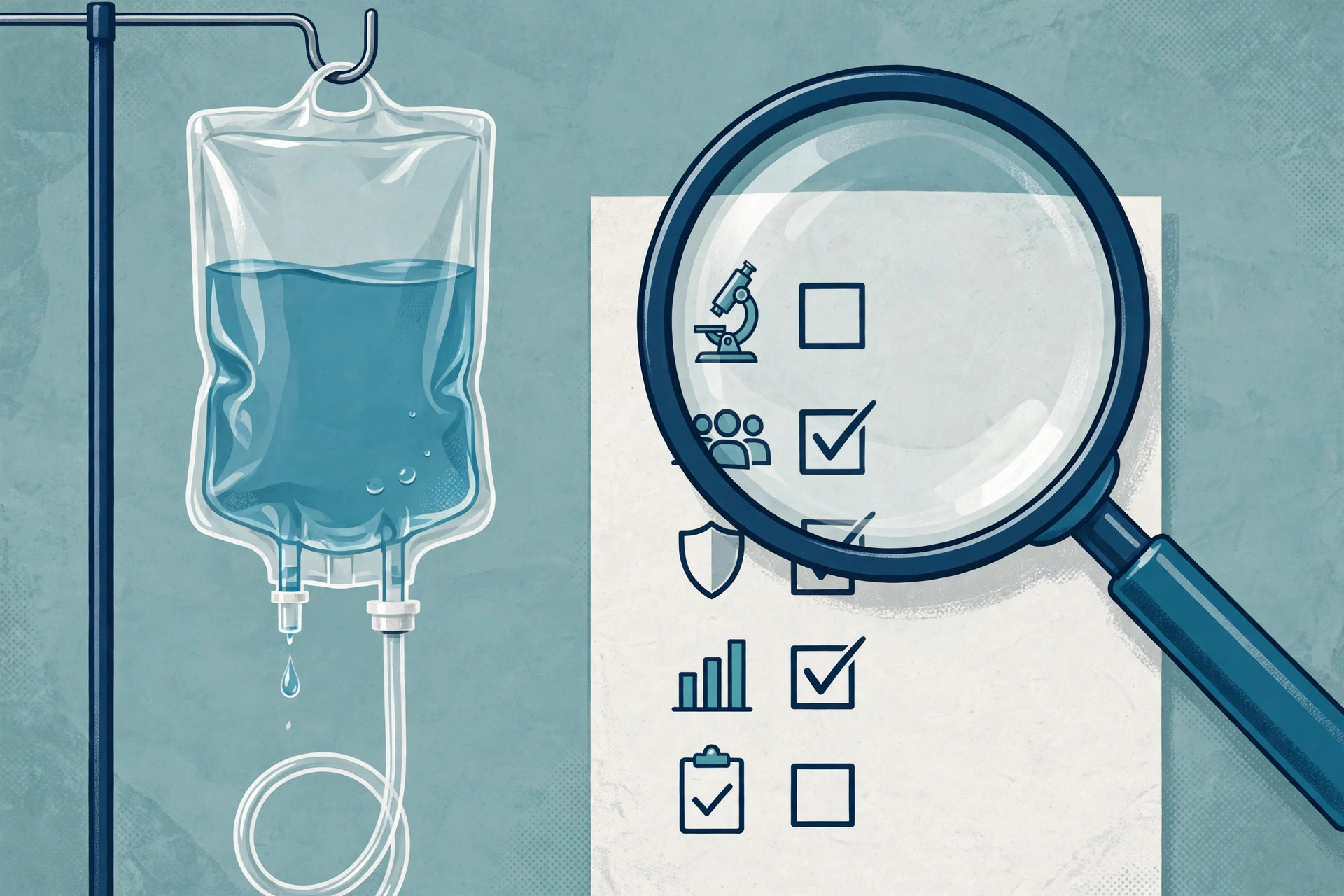 Editorial illustration of an IV drip bag beside a magnifying glass examining clinical trial evidence