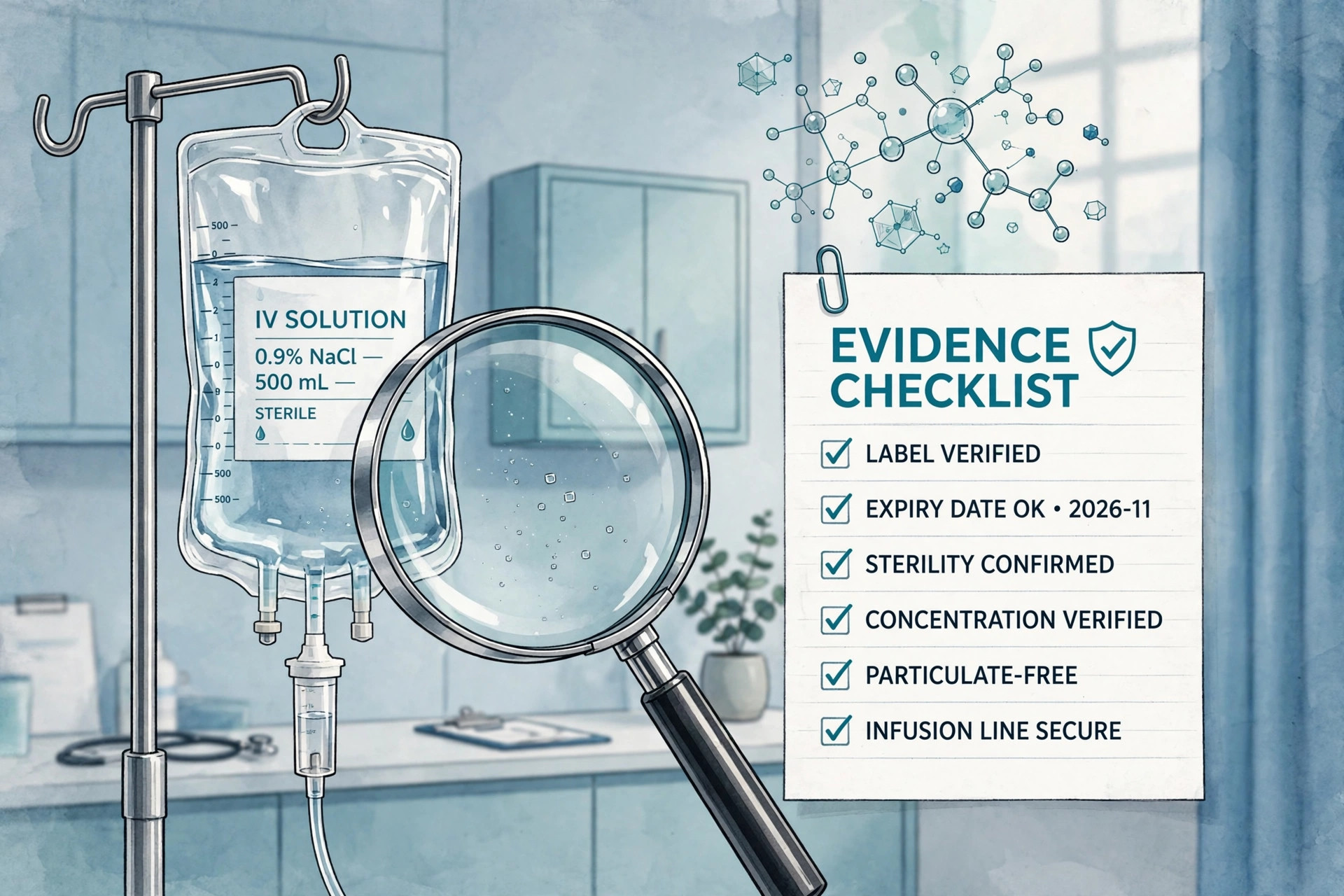 Editorial illustration of an IV infusion bag in a clinic setting with a magnifying glass evidence motif and a molecular structure