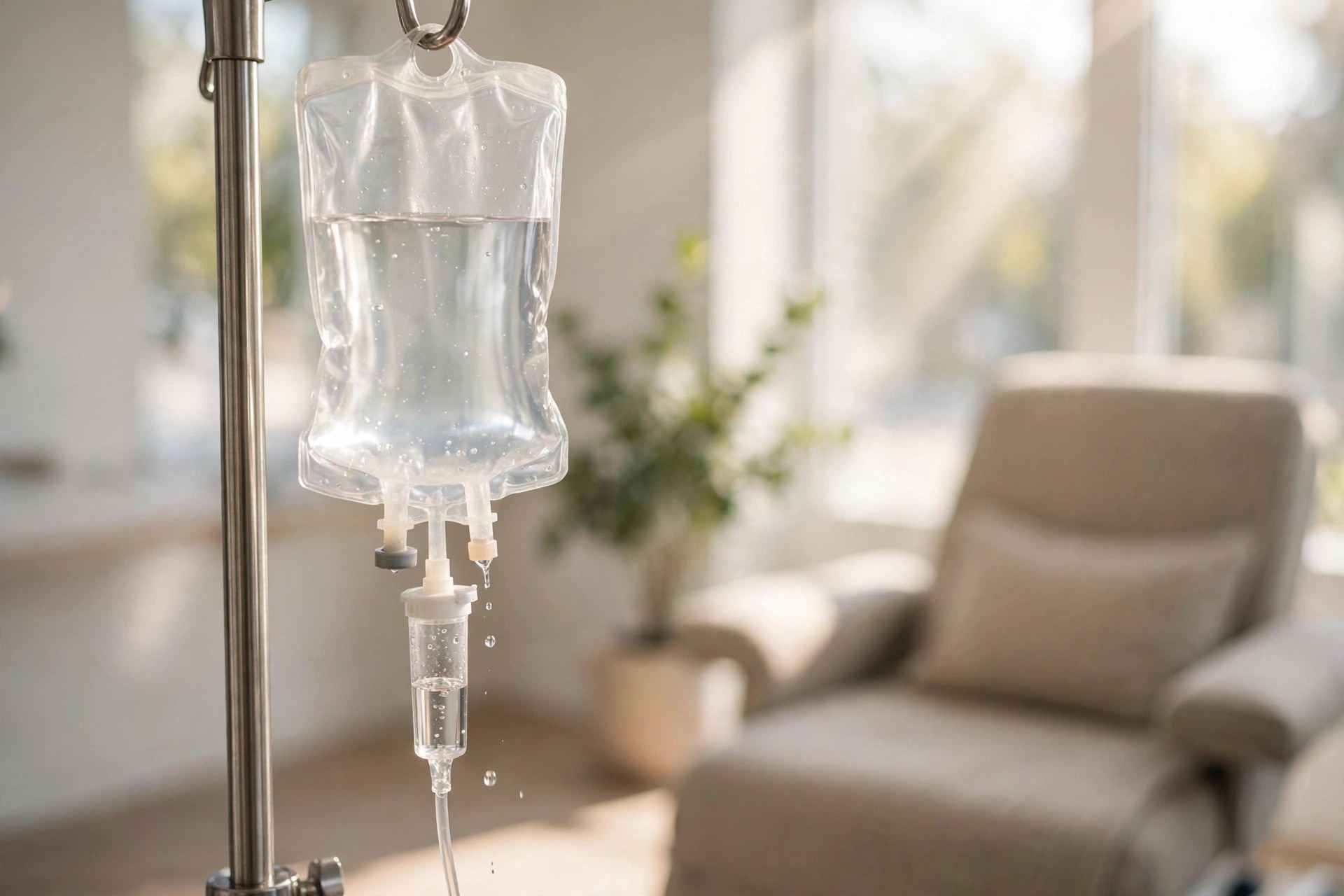 IV infusion bag hanging in a bright wellness clinic (illustrative photo)